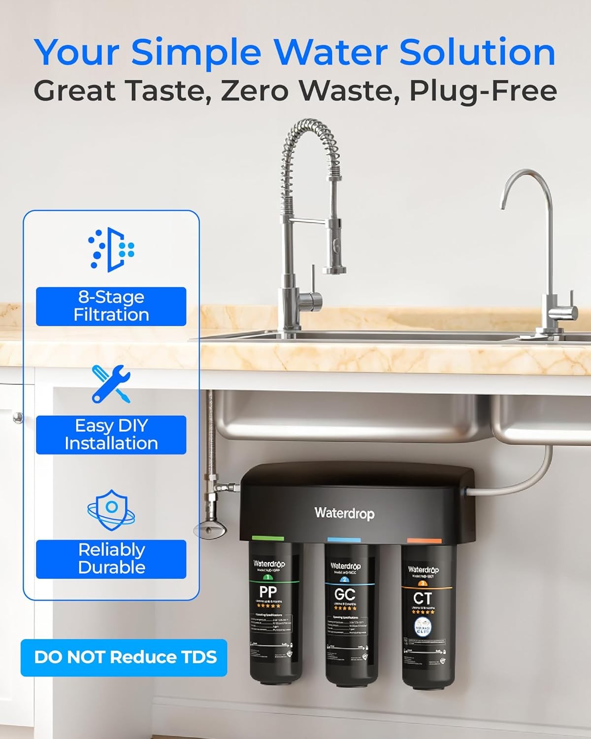 Waterdrop TSB 3-Stage Under Sink Water Filter System with Extra 10PP Filter