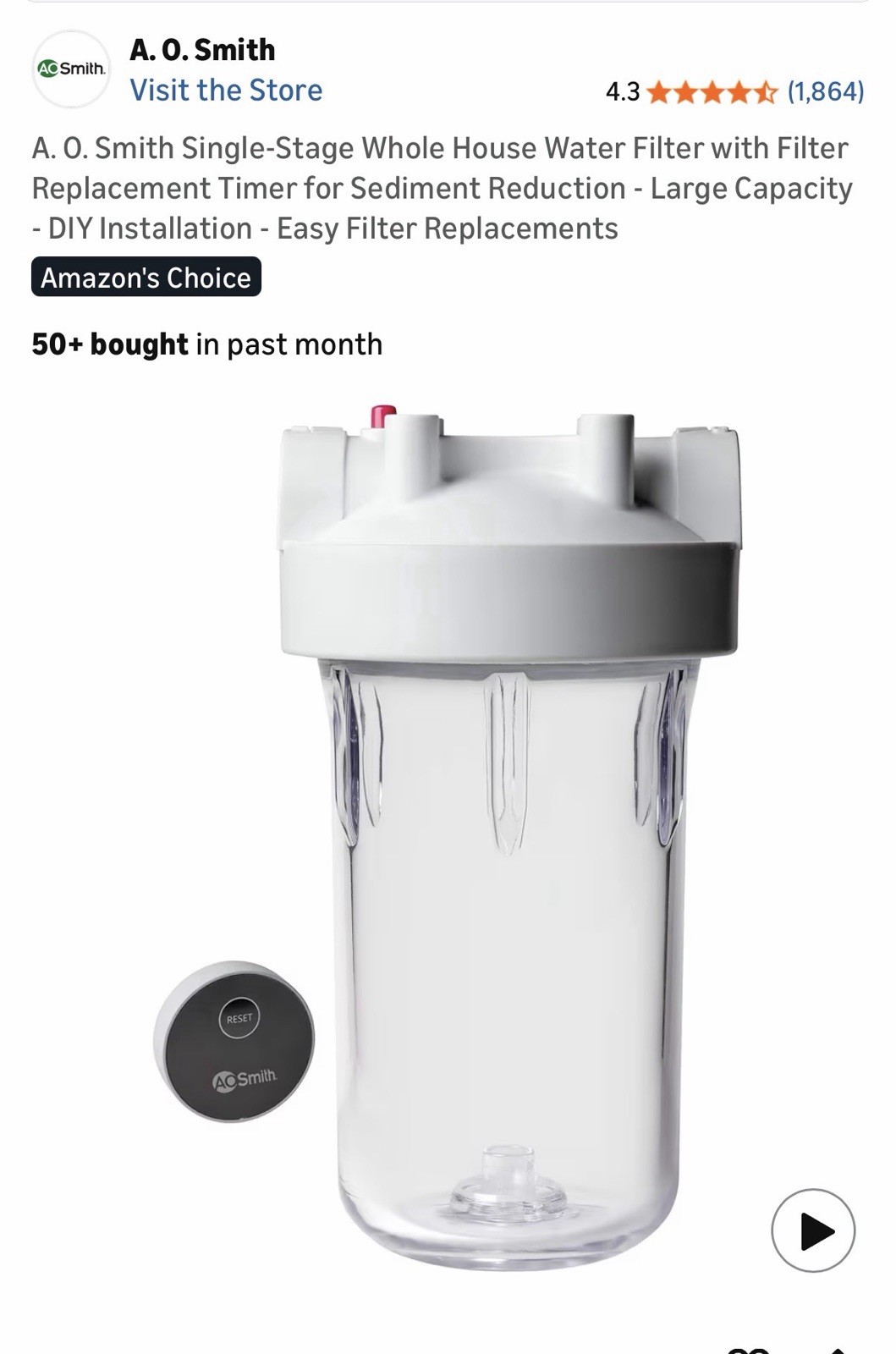 A. O. Smith Single-Stage Whole House Water Filter with Filter Replacement Timer