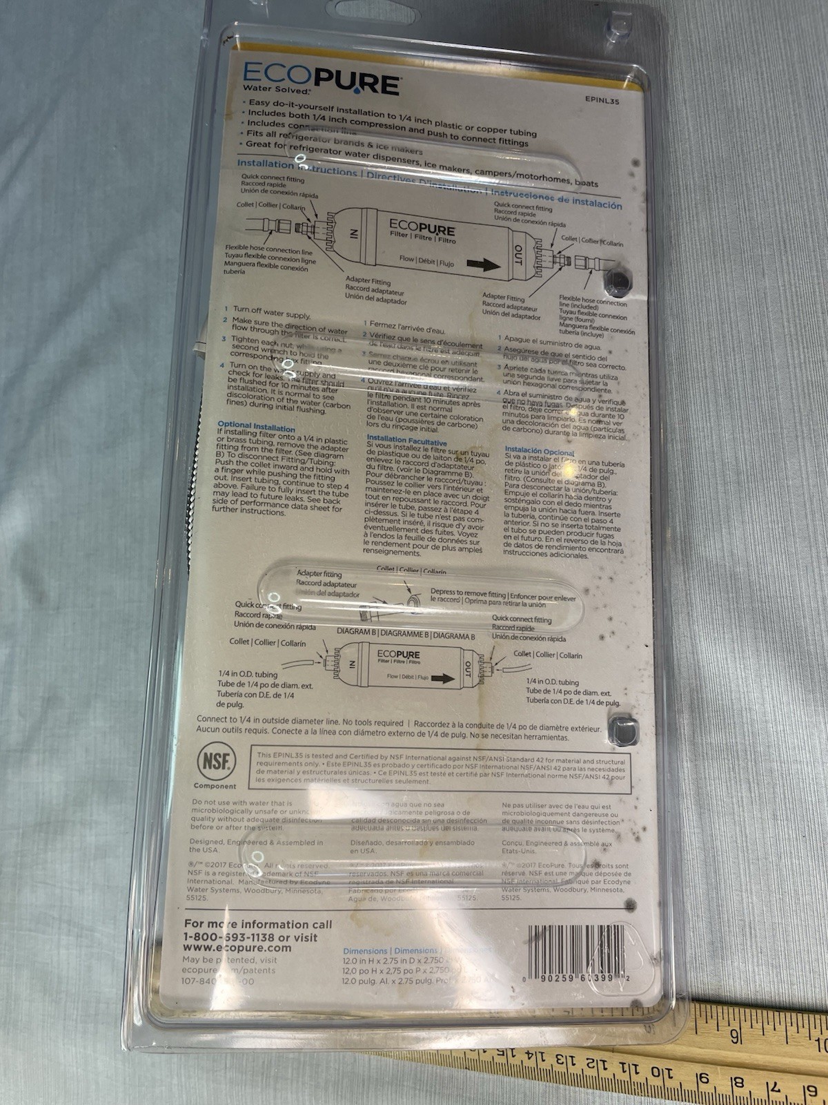 EcoPure EPINL35 Universal 5 Year Lifespan InLine Refrigerator Water Filter *NEW*