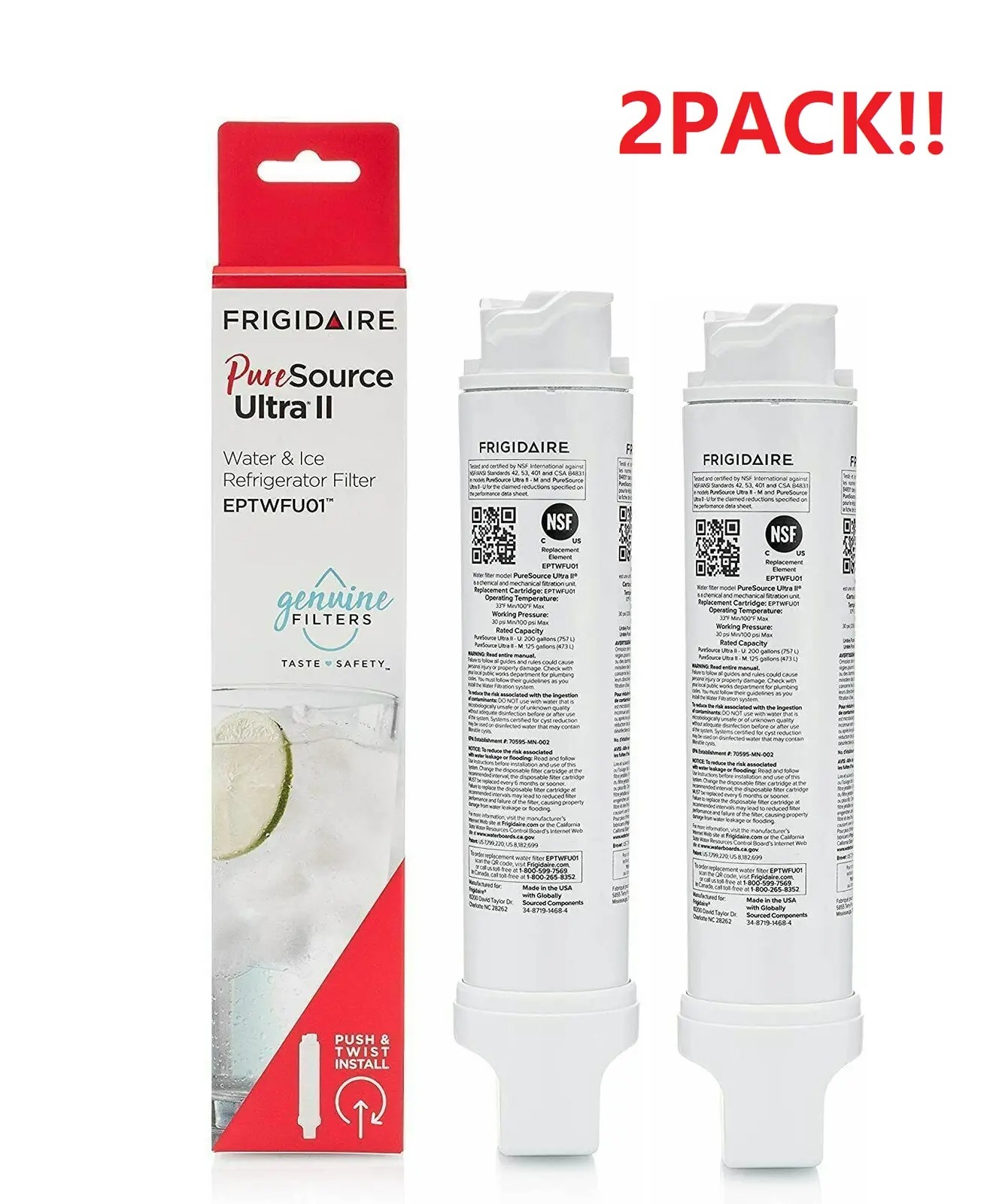 2pack Frigidaire EPTWFU01 Pure Source Ultra II Refrigerator Water Filter Sealed
