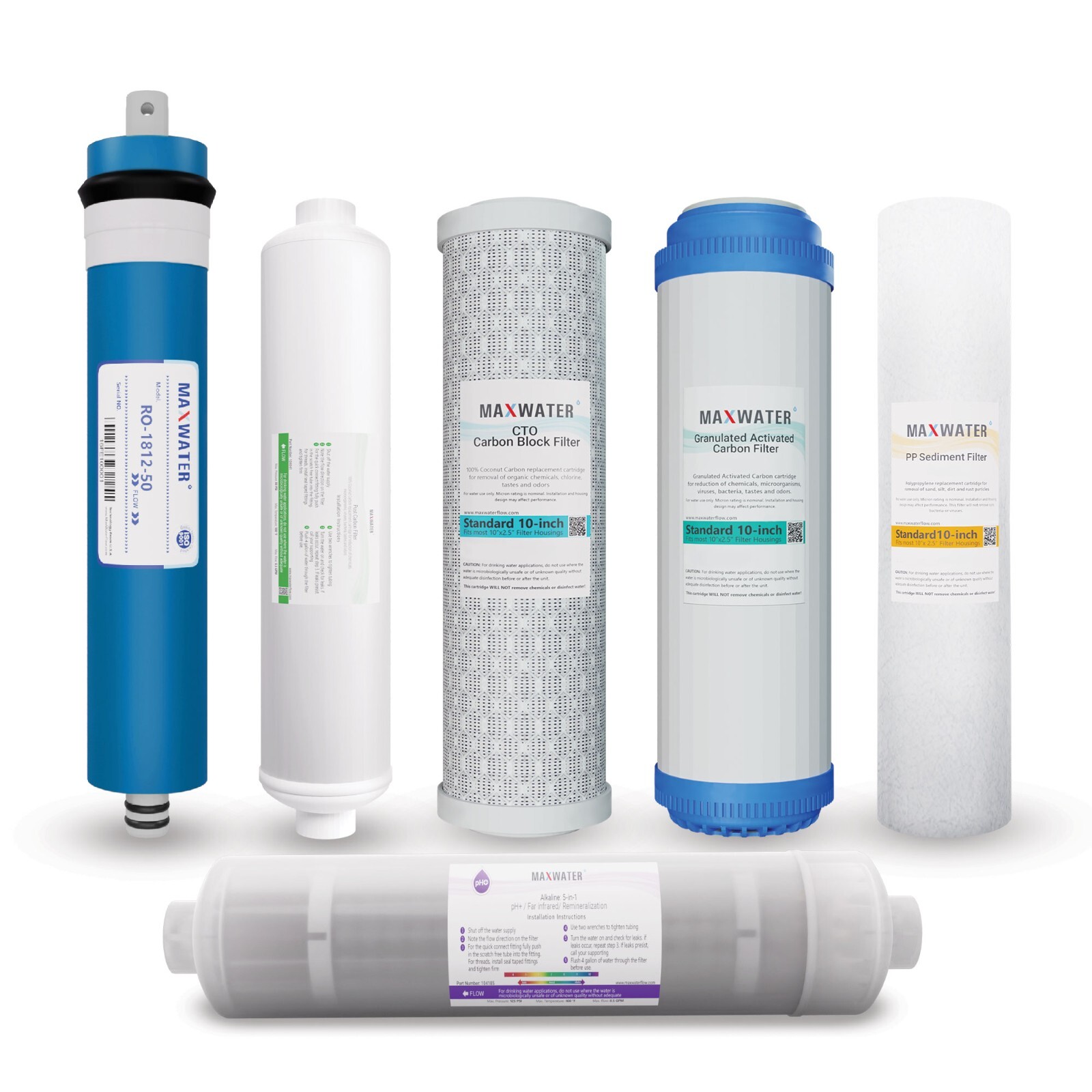 10 Stage Reverse Osmosis System replacement FIlter Set, 5 in1 alkaline, Membrane