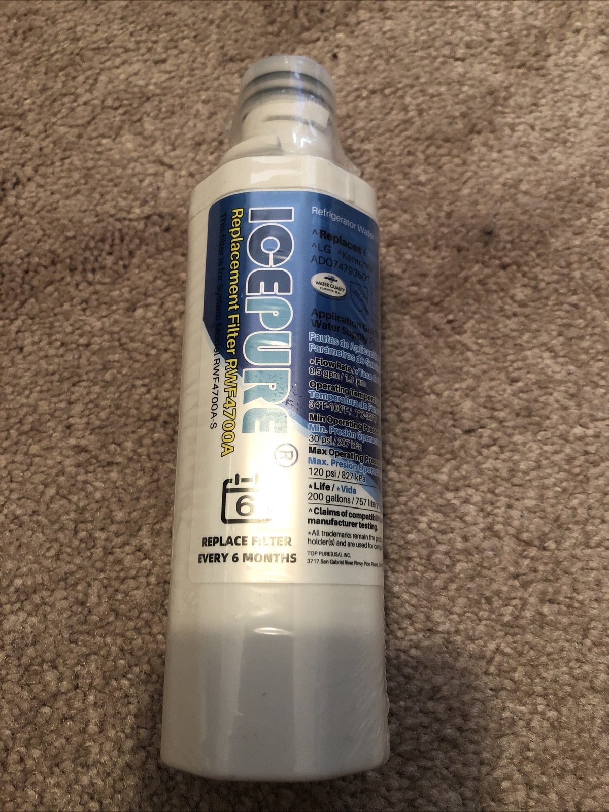 Ice Pure Refrigerator Water Filter Replacement Filter #RWF4700A New LG Kenmore