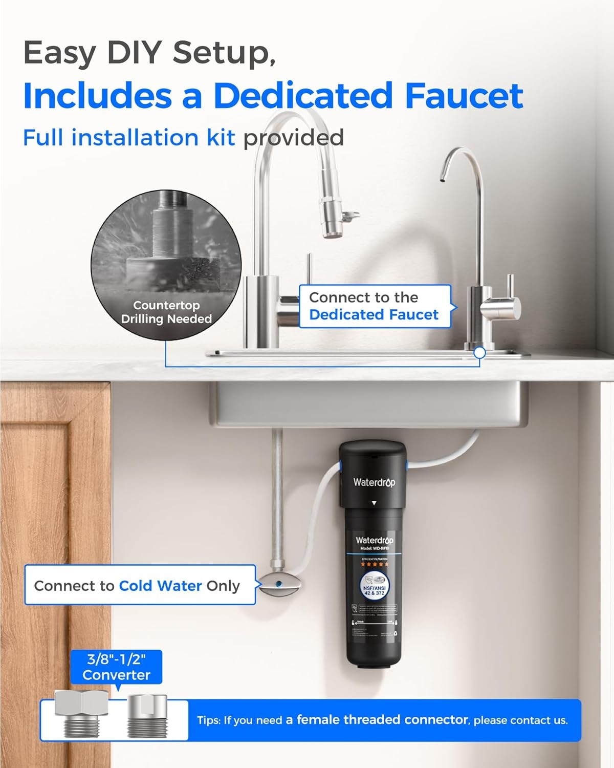 Waterdrop 10UB Under Sink Water Filter System with Dedicated Faucet, 8K Gal