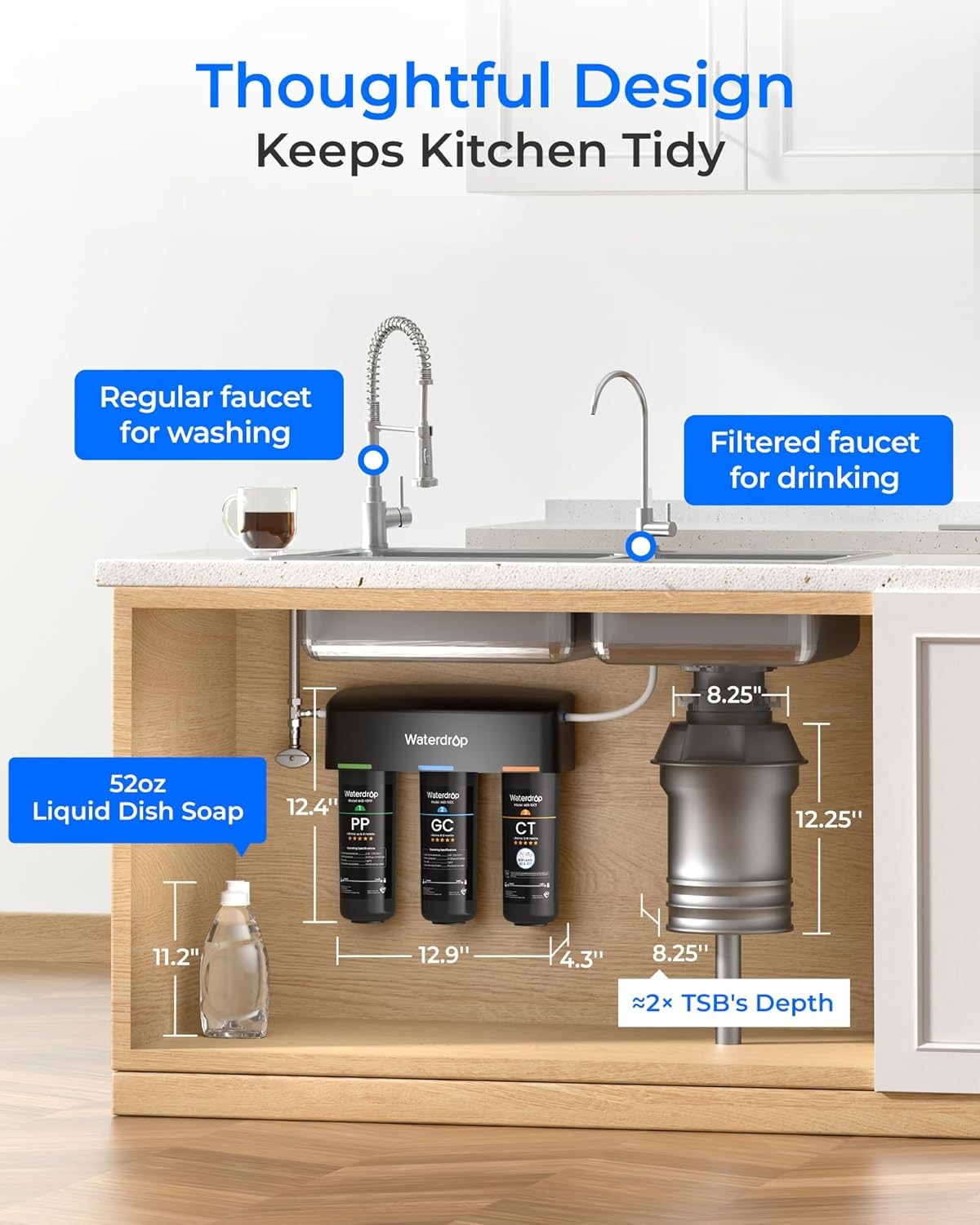 Waterdrop TSB 3-Stage Under Sink Water Filter System with Extra 10PP Filter