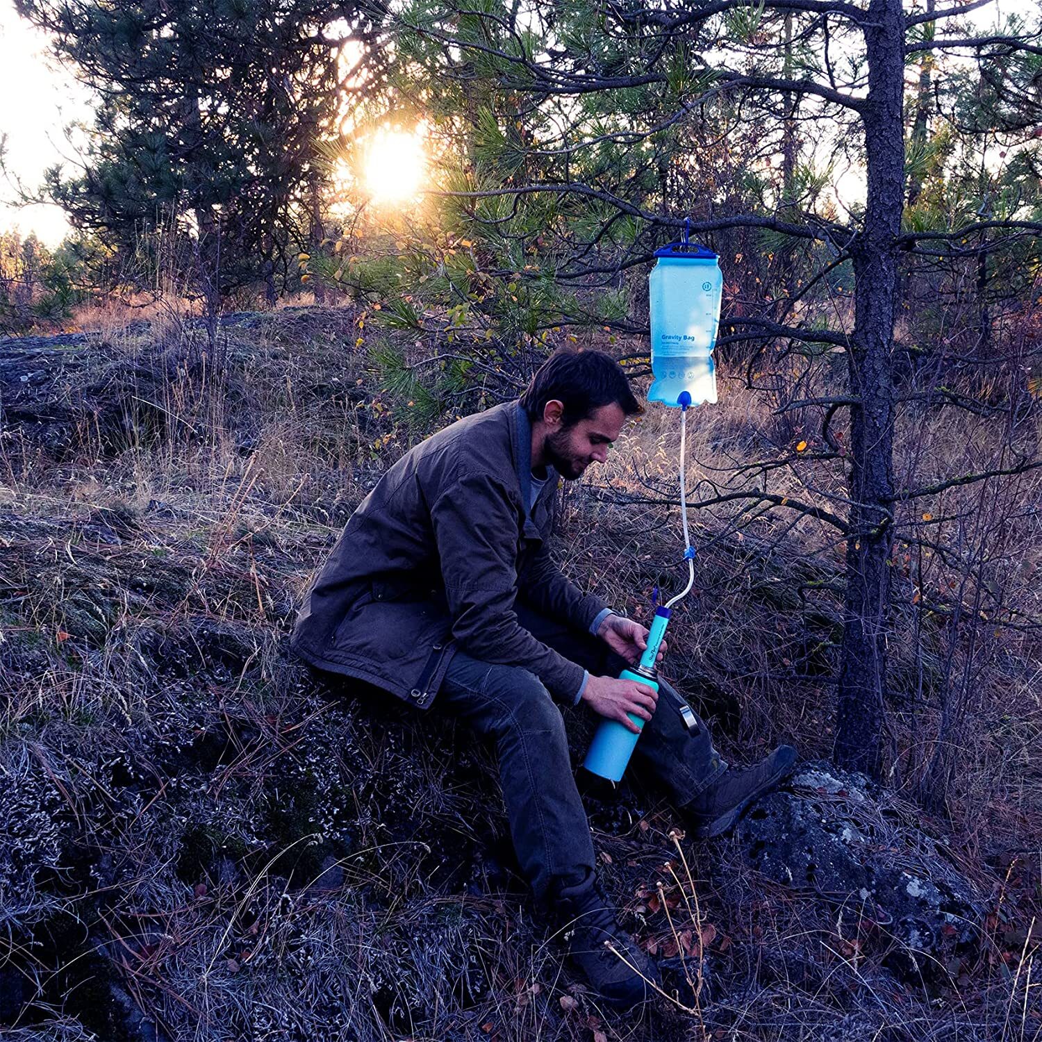 Gravity-Fed Water Filter Straw 3L Bag,Versatile Hiker Water Purifier Tree Strap