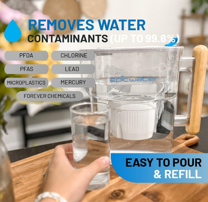 10-Cup Water Filter Pitcher, BPA-Free, 150 Gal, White & Bamboo
