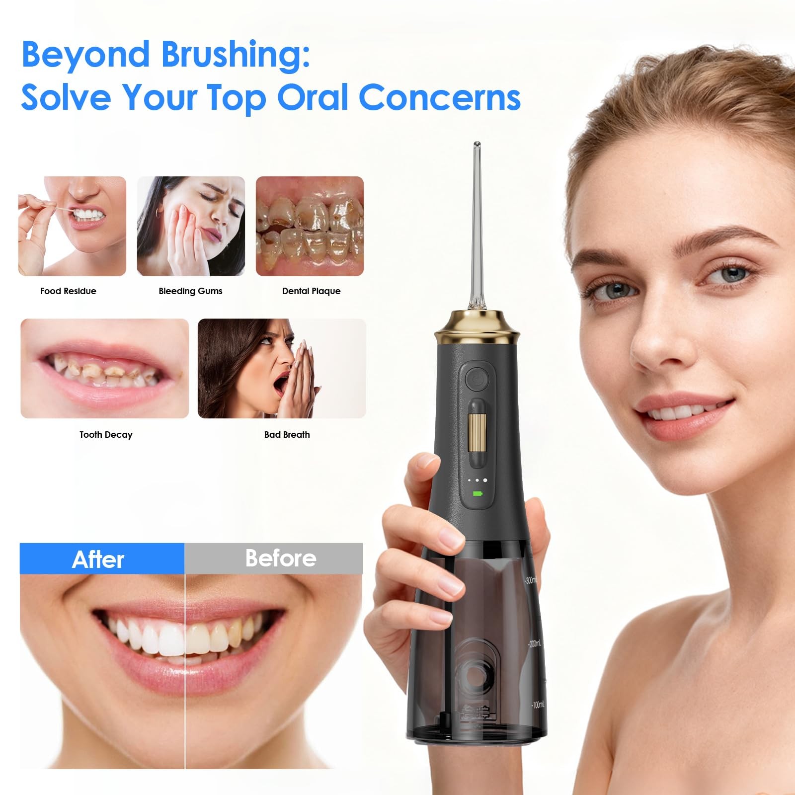 Hooyapik 300ML Long-Lasting Battery Life Water Flosser 300ML, Black&gold