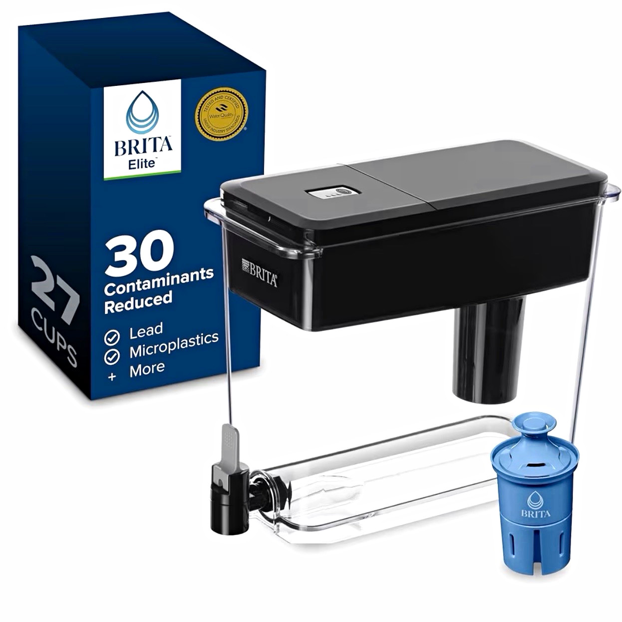 BRITA Elite 27-Cup Water Filter Dispenser, Carbon Filtration, Black/Clear