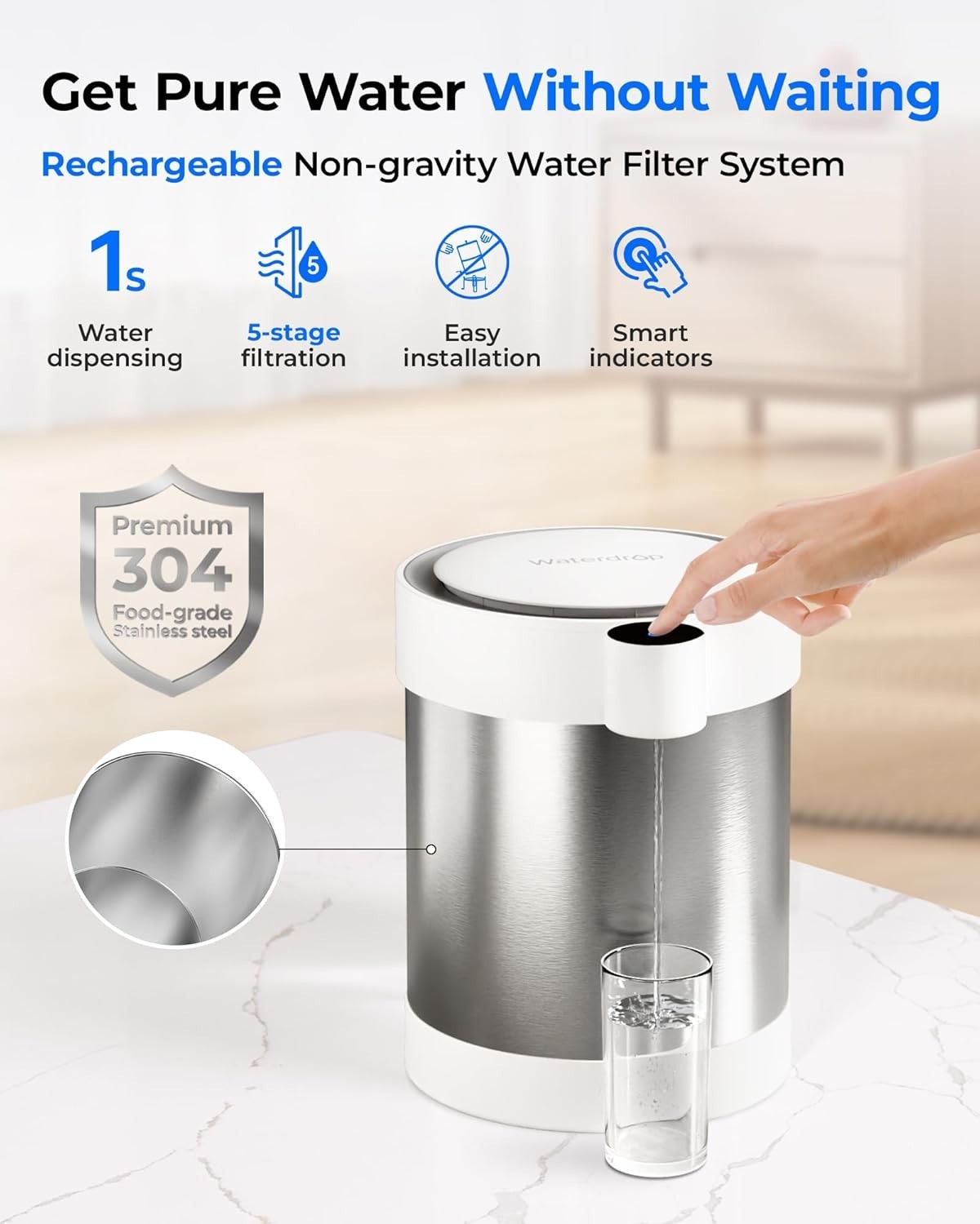 Waterdrop Rechargeable Non-Gravity Water Filter System, 5-Stage Stainless Steel