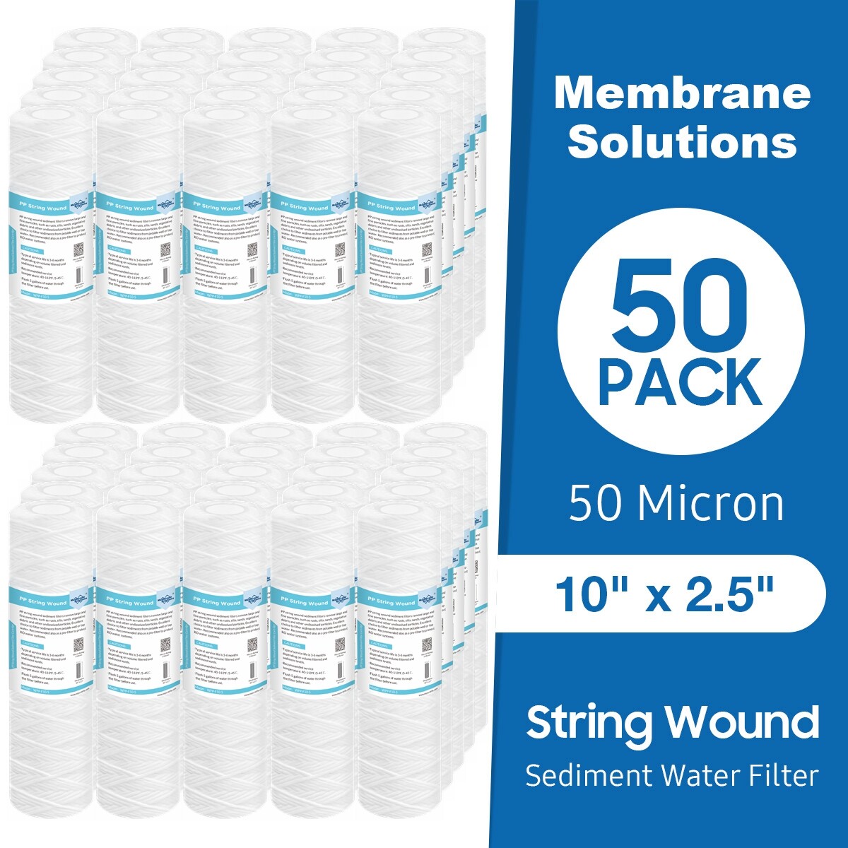 50 Micron 10″x2.5″ String Wound Whole House Farm Sediment Water Filter 1-50 Pack
