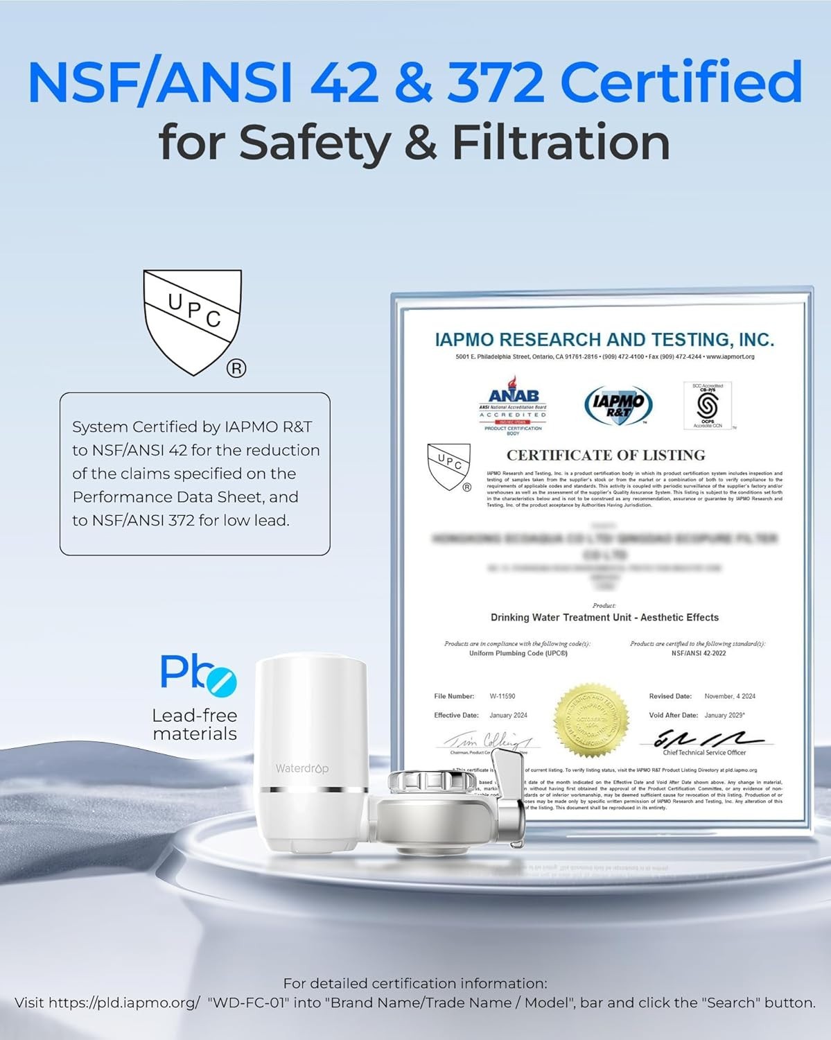 Water Filter for Kitchen Sink NSF Certified Reduces Chlorine Lead Free Material