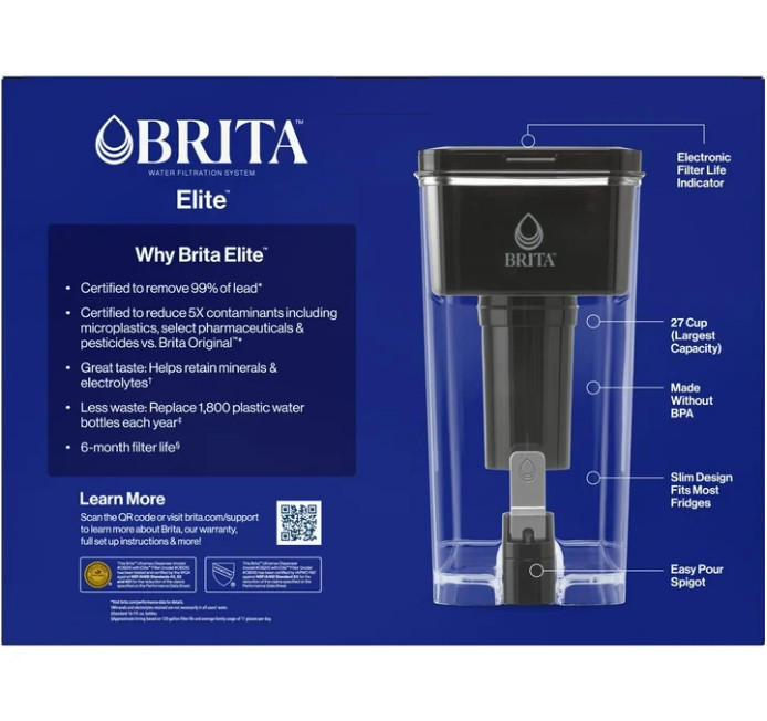 Brita Extra Large Ultramax 27-cup black water dispenser with 1 Elite filter