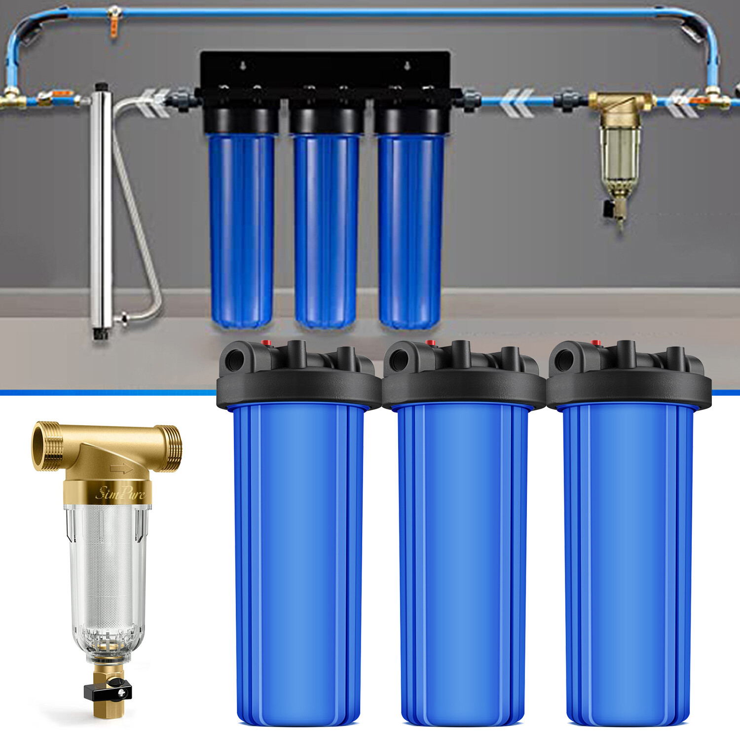 3 Stage Whole House Water Filter Big Blue Housing + Spin Down Sediment Filter