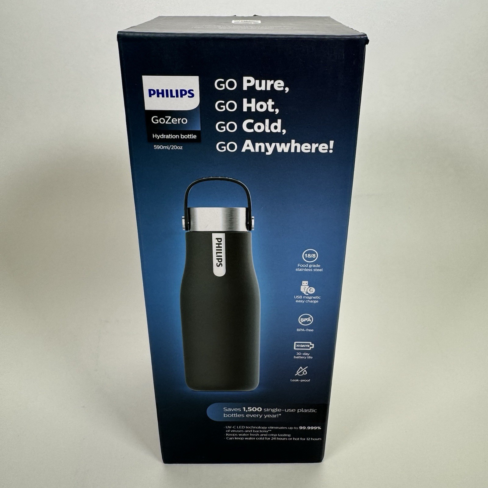 Philips Water GoZero UV Self-Cleaning Smart Water Bottle Vacuum Stainless Steel