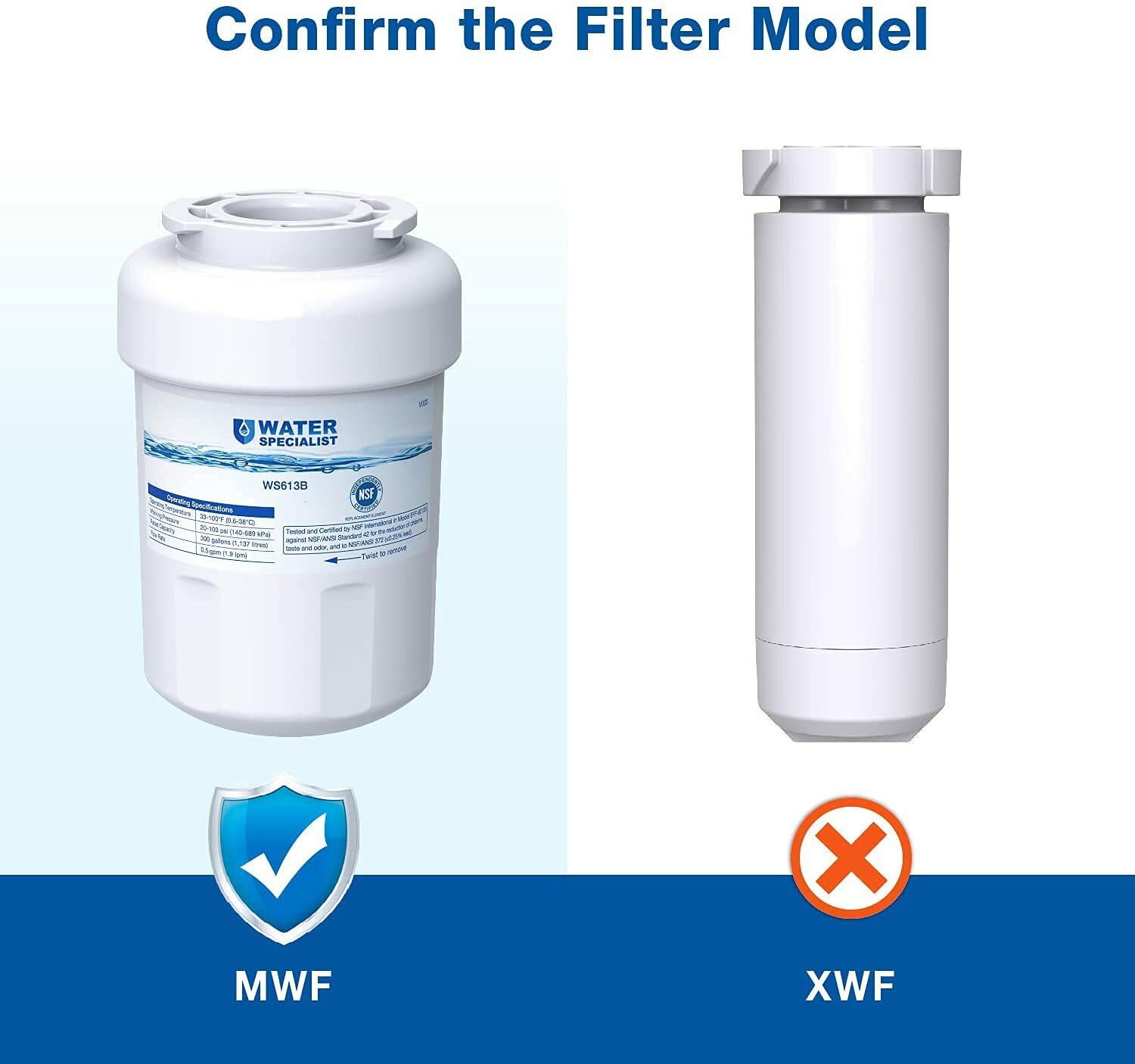 Waterspecialist MWF Refrigerator Water Filter,Replacement for GE® SmartWater MWF