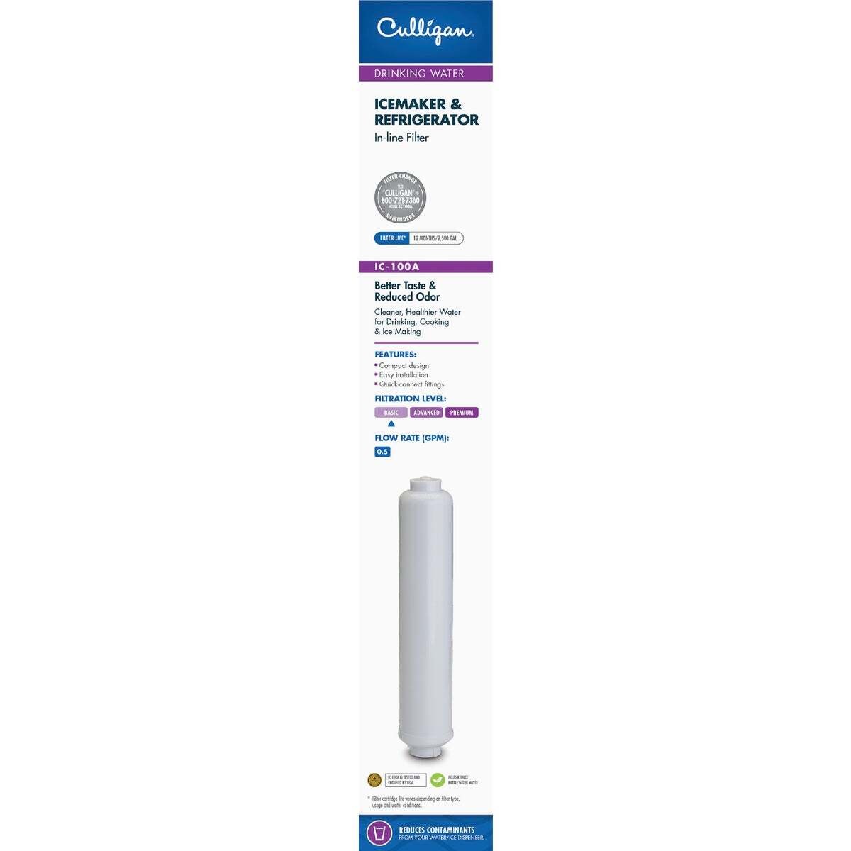 Culligan IC-100A Icemaker and Refrigerator Filter, 2500 gal Capacity, 0.5 gpm