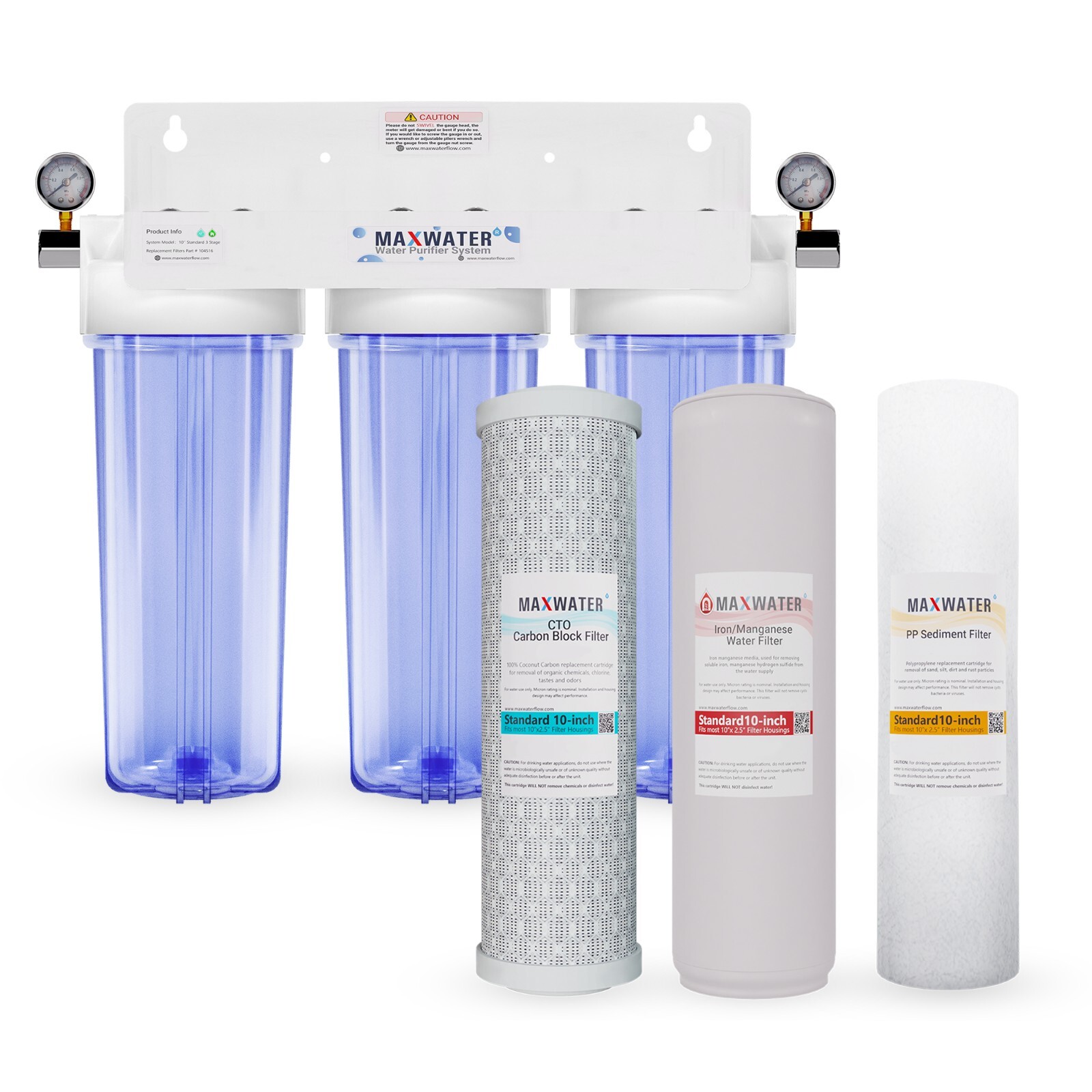 Max Water 3 Stages 10″x 2.5″ 3/4″ Port Whole House Iron Manganese Water Filter
