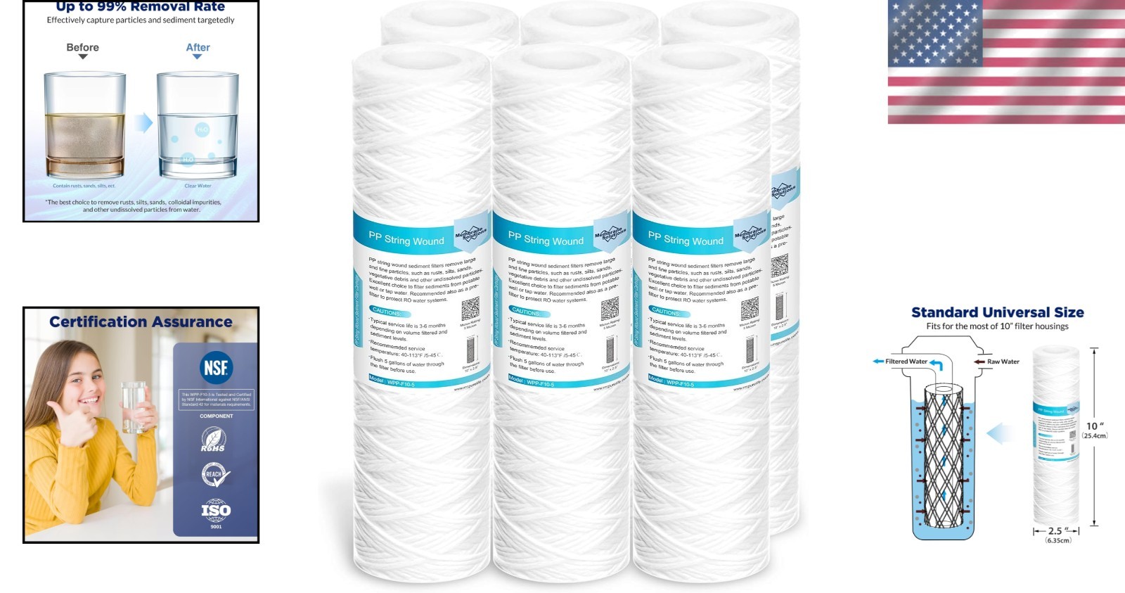 Universal 5-Micron Sediment Filter Cartridges – 6 Pack for Home Water Systems