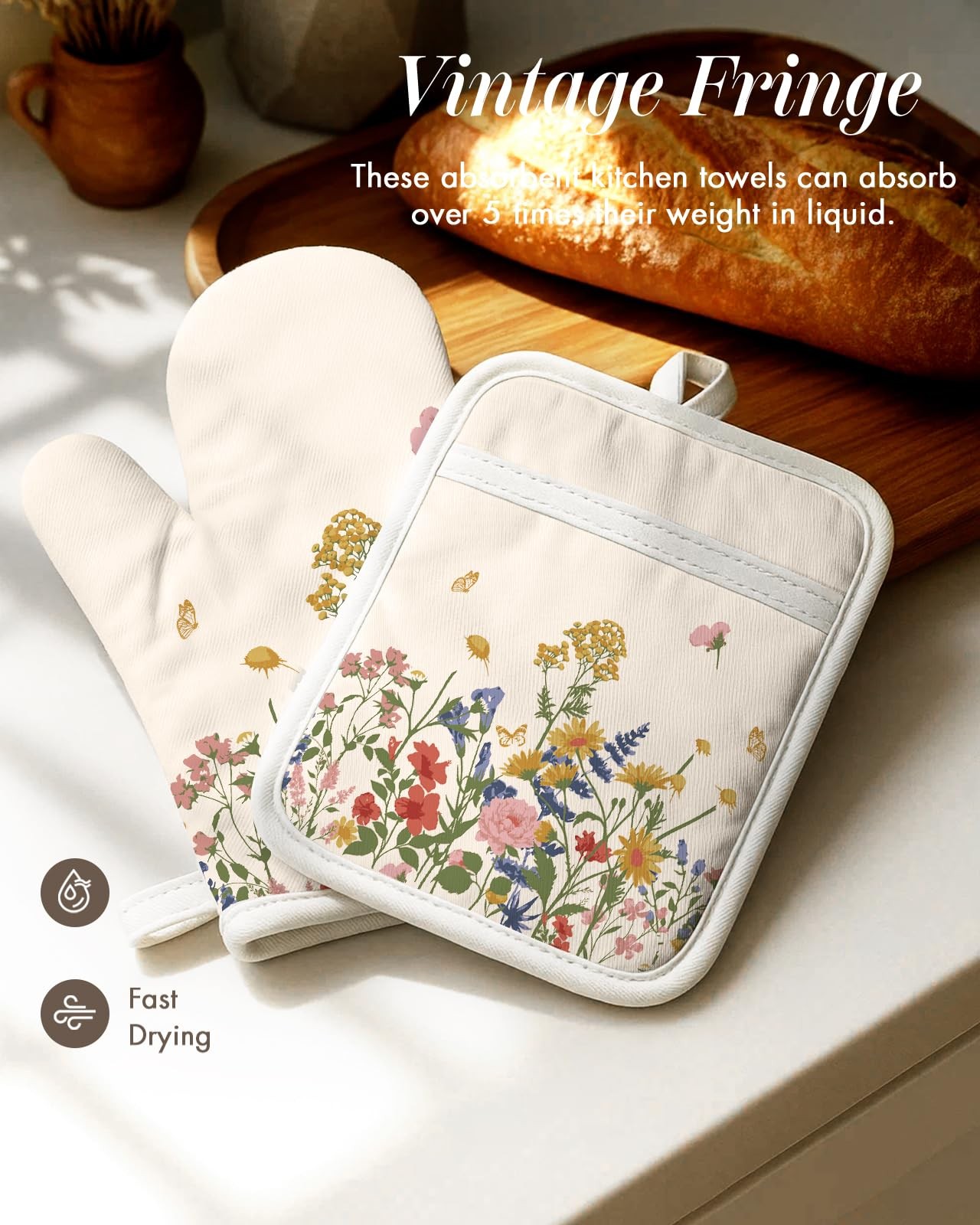 Miss Adola 270 GSM Cotton Kitchen Towels, Oven Mitt One Size, Retro Flower