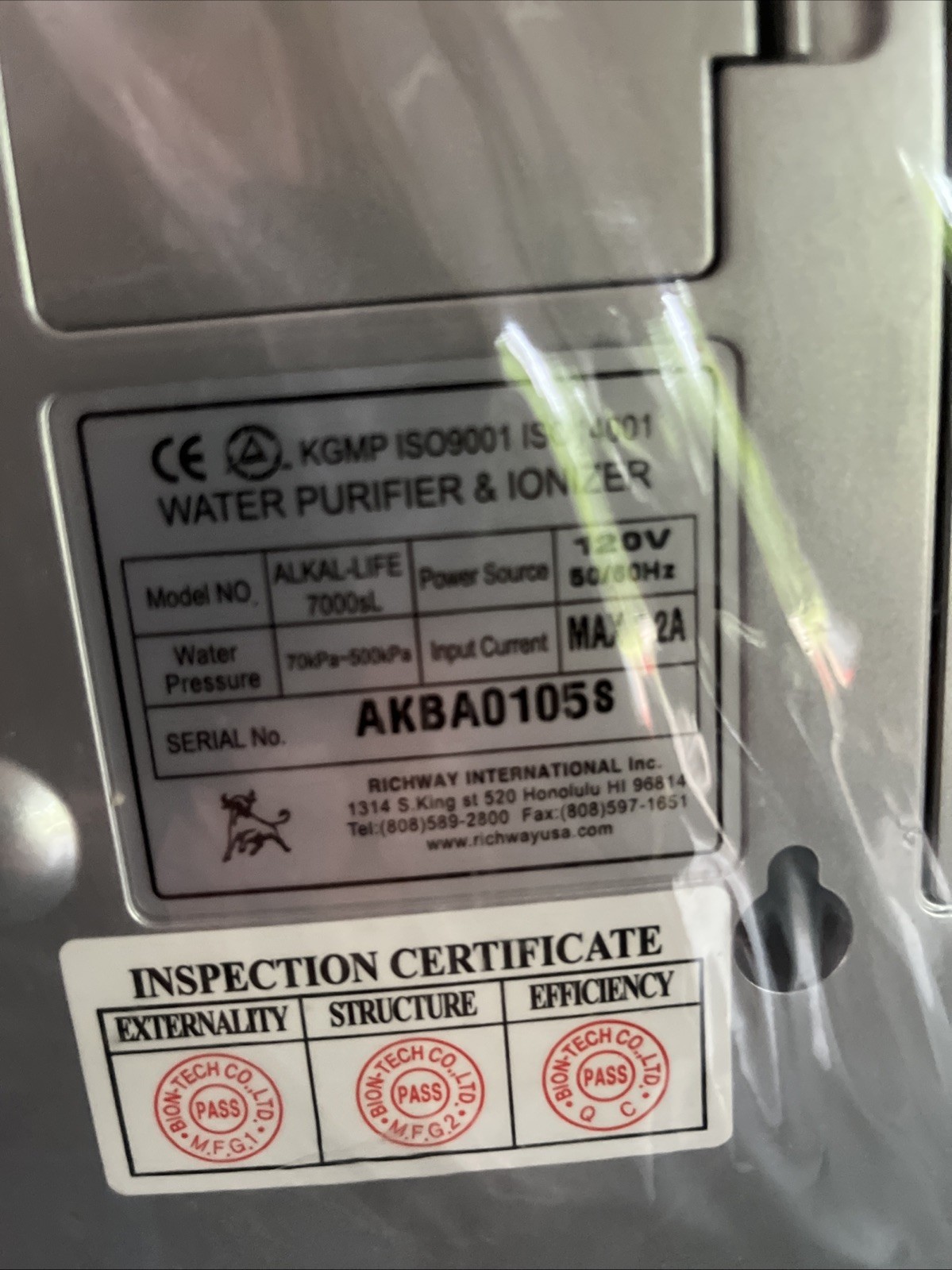 Alkal-Life 7000sl Water Ionizer 7-Stage 1.8L Chlorine Filter See Description