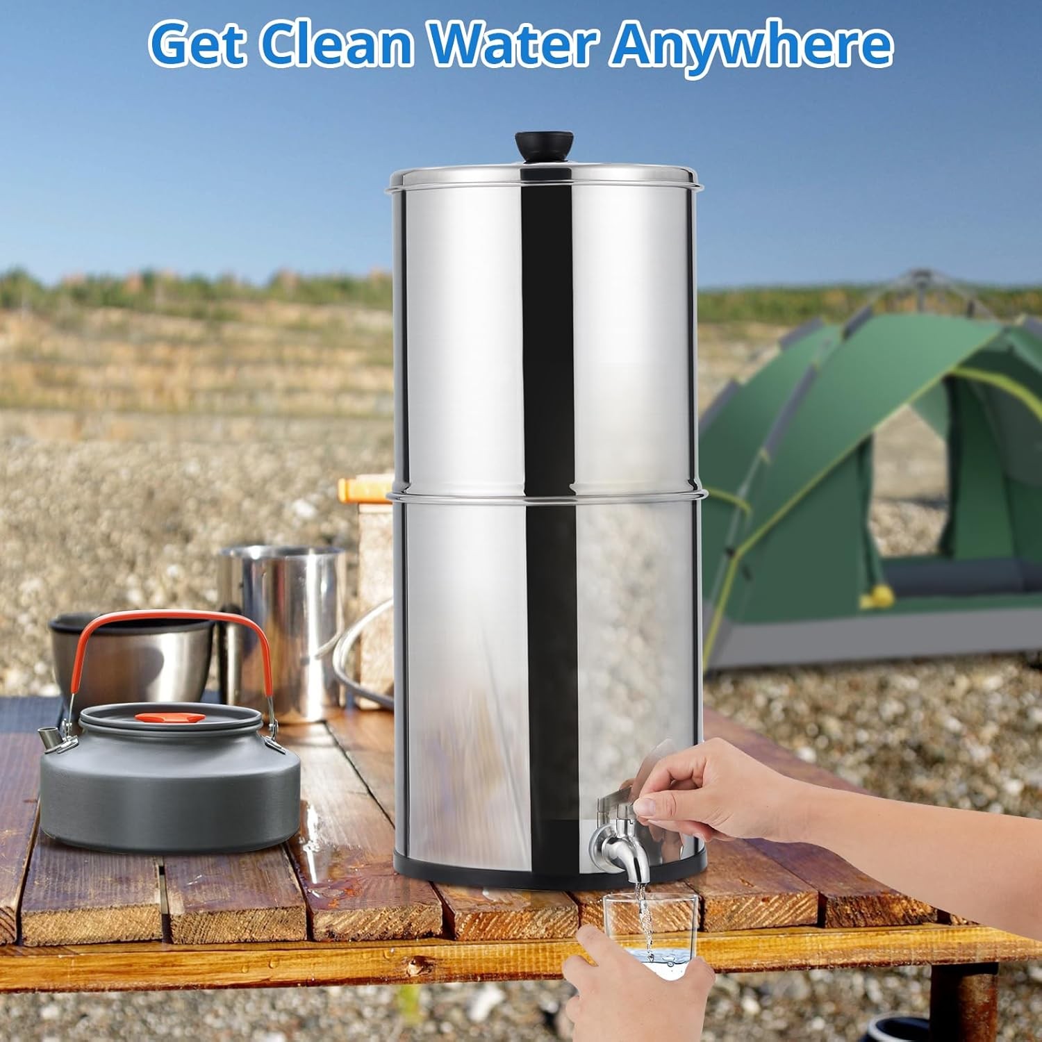 2.25 Gallon Countertop Gravity-fed Water Filter System Stainless Steel 2 Filters