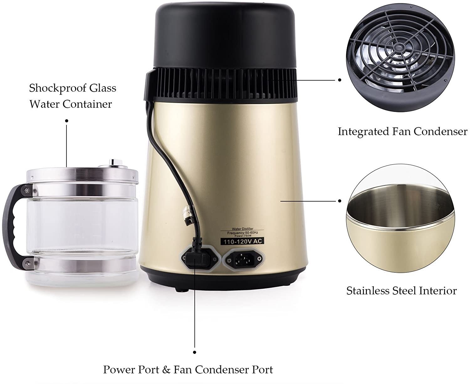 CO-Z 1.1 Gal Water Distiller 750W Glass & Stainless Steel Purifier Gold