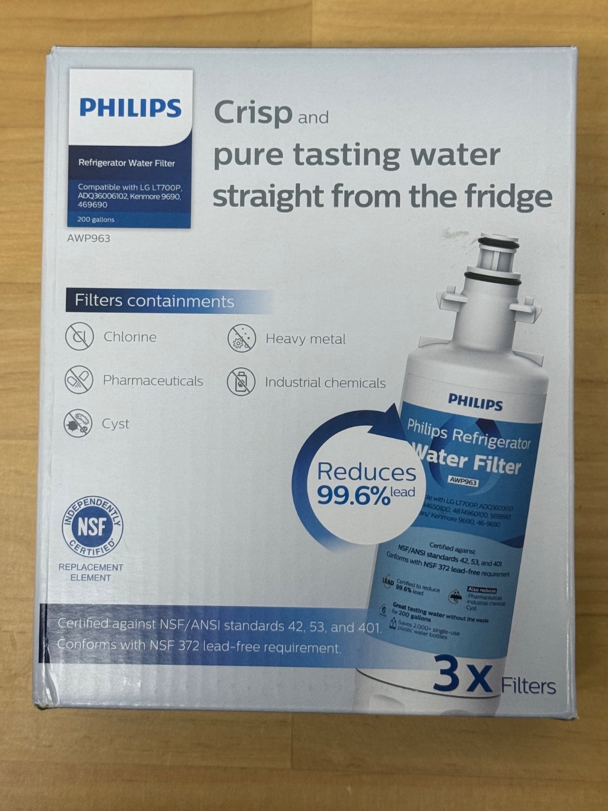 3 pk. Refrigerator Water Filters / LG LT700P /Kenmore 46-9690 NEW Philips-brand