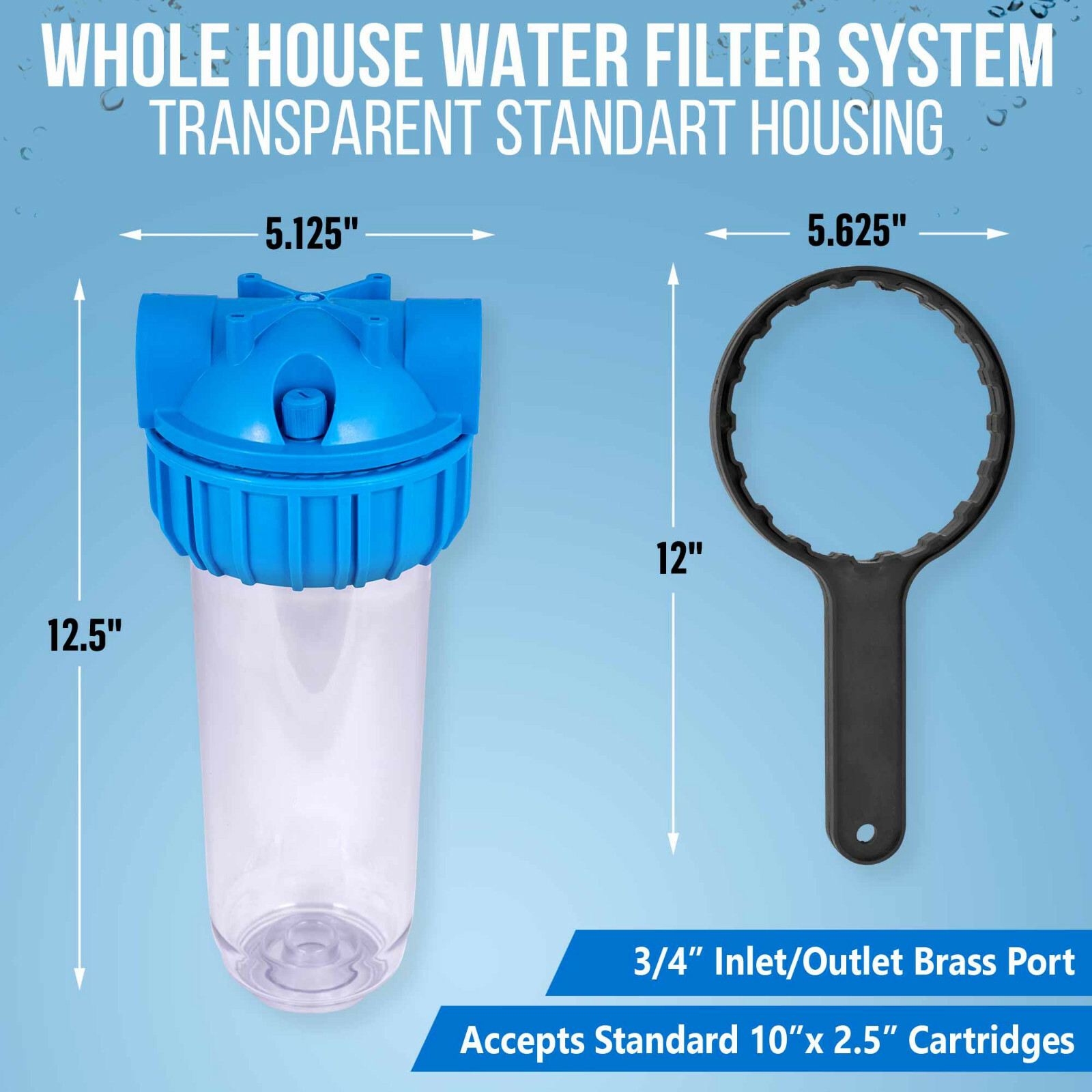 10″ Clear Standard Whole House Water Filter System 4 Sediment 10 Micron Filters