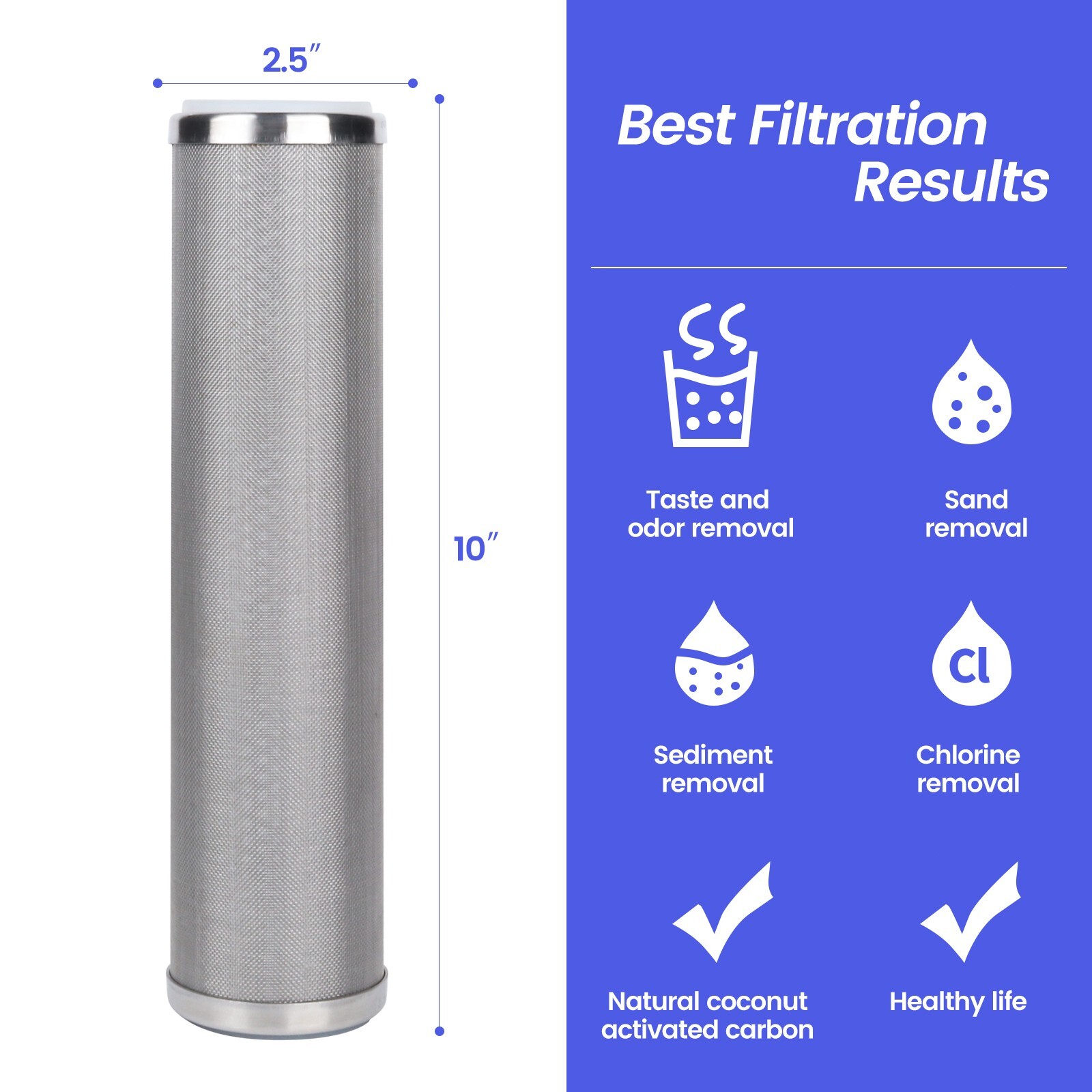 Amwater 304 Stainless Steel Wire Mesh Filter Cartridge 10″x2.5″ 100μm