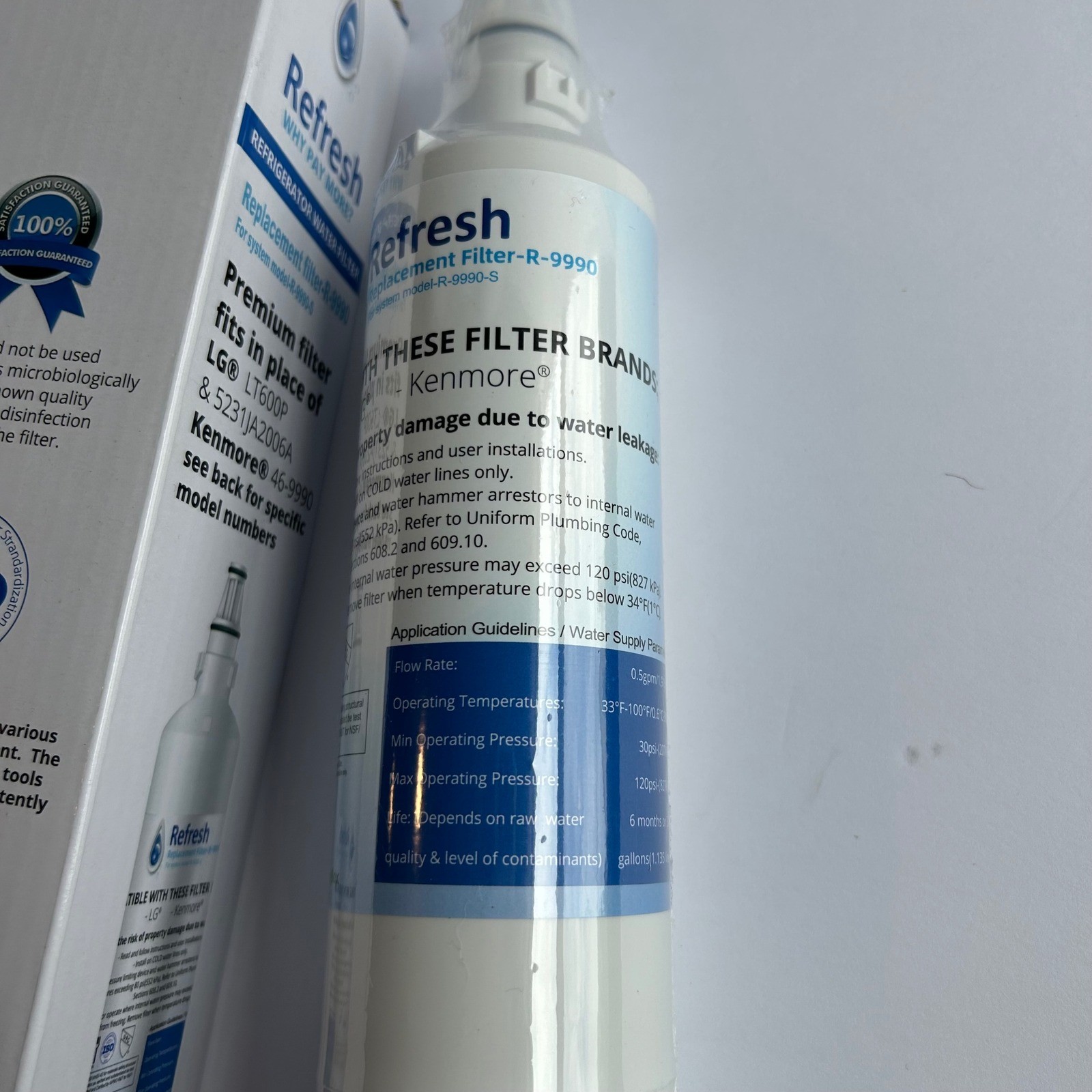 Refresh Refrigerator Water Filter R-9990 LG LT600P Kenmore 46-9990 White New 1PK