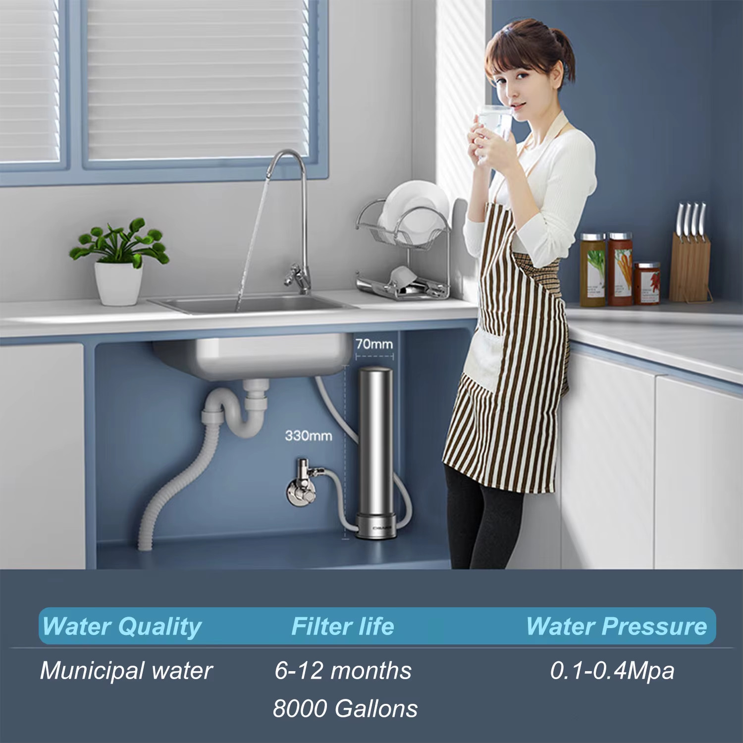 U200PRO Kitchen under Sink Drinking Water Filter Purifier 5 in 1, Stainless Stee