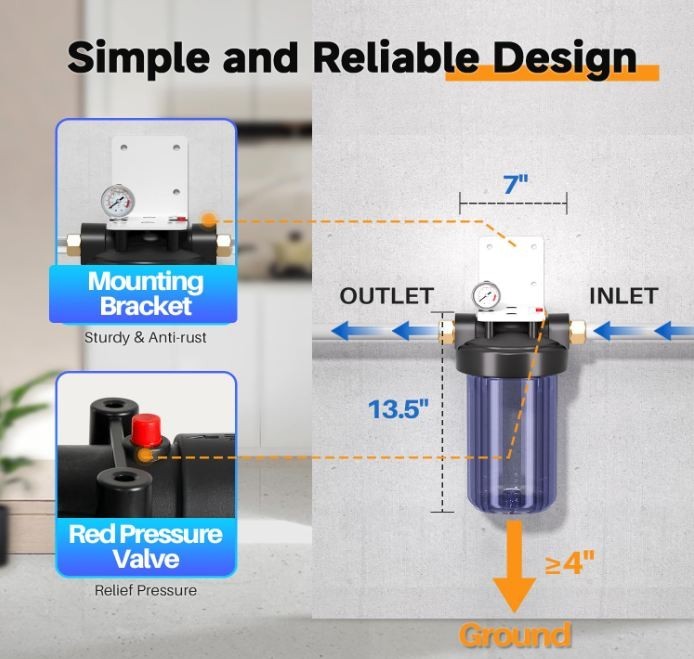 PUREPLUS 10″x4.5″ Whole House Water Filter Housing w/ Pressure Gauge and Filter
