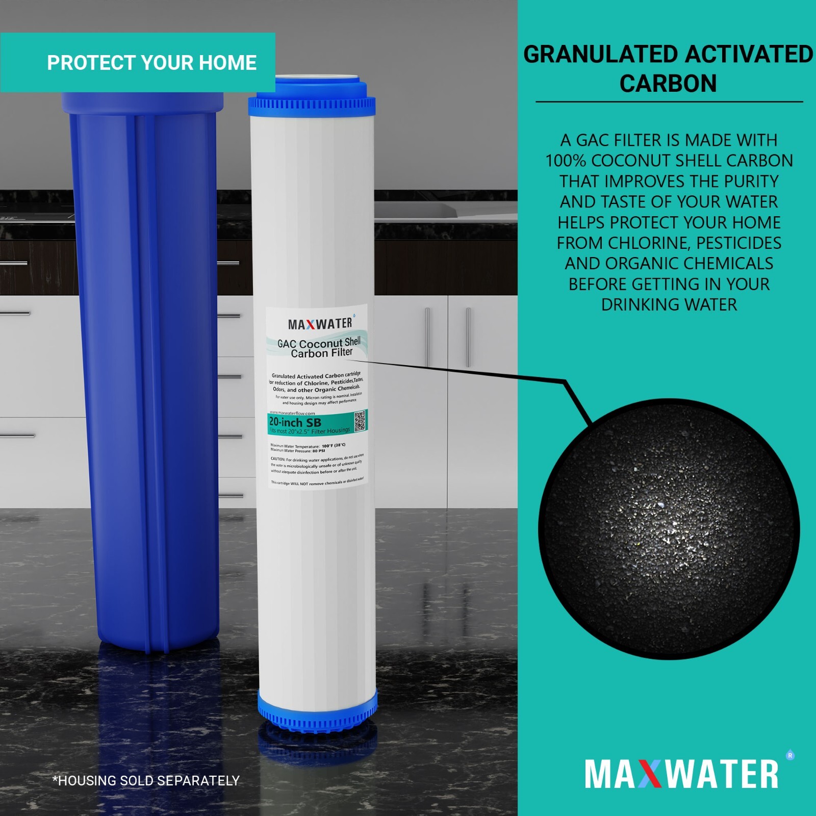 Max Water Whole House Water Filter Set 20″ x 2.5″ Cation, GAC, Sediment