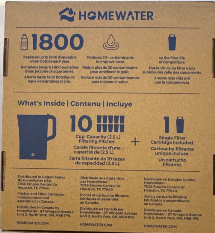 HOMEWATER WATER FILTRATION PITCHER 2.5 LITER (10 CUPS) + FILTER – NEW IN BOX