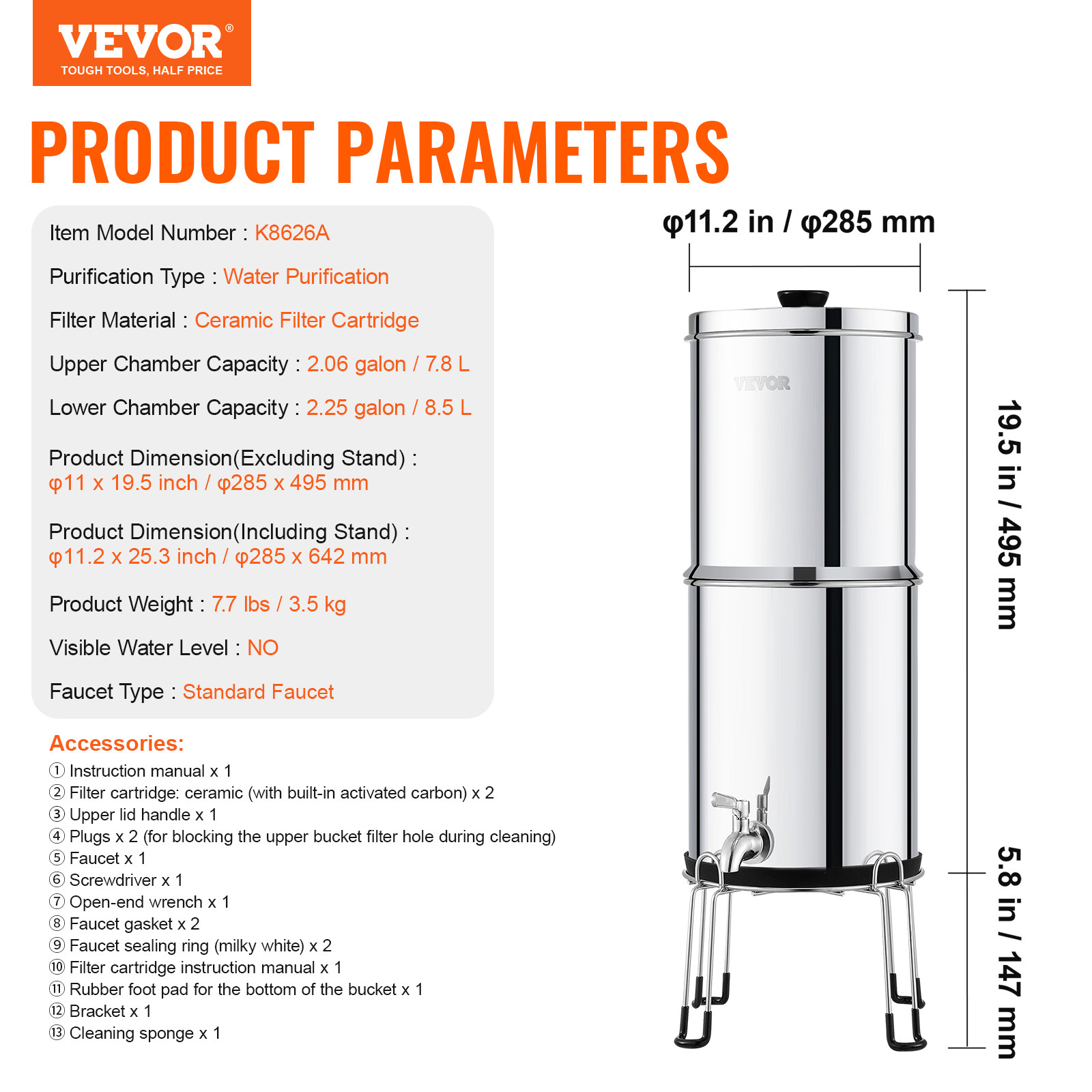 VEVOR 2.25G Gravity-fed Water Filter Countertop System Stainless Steel 2 Filters