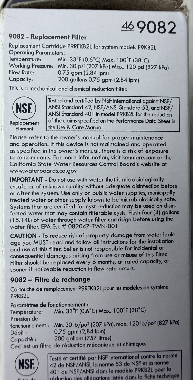 Kenmore Replacement Refrigerator Filter 469082 New Open Box Genuine