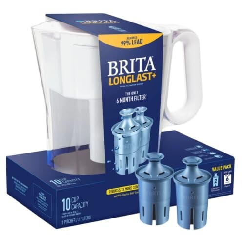 Brita Large 10 Cup Water Pitcher + 2 Elite LongLast+ Filters Last 6 Months Each