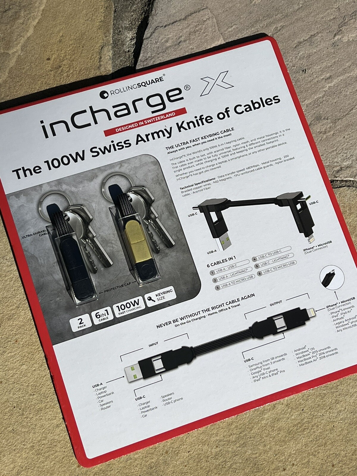 inChargeX – 2 Pack 100 Watt Swiss Army Knife Of Cables Key ring Cable 6 In 1