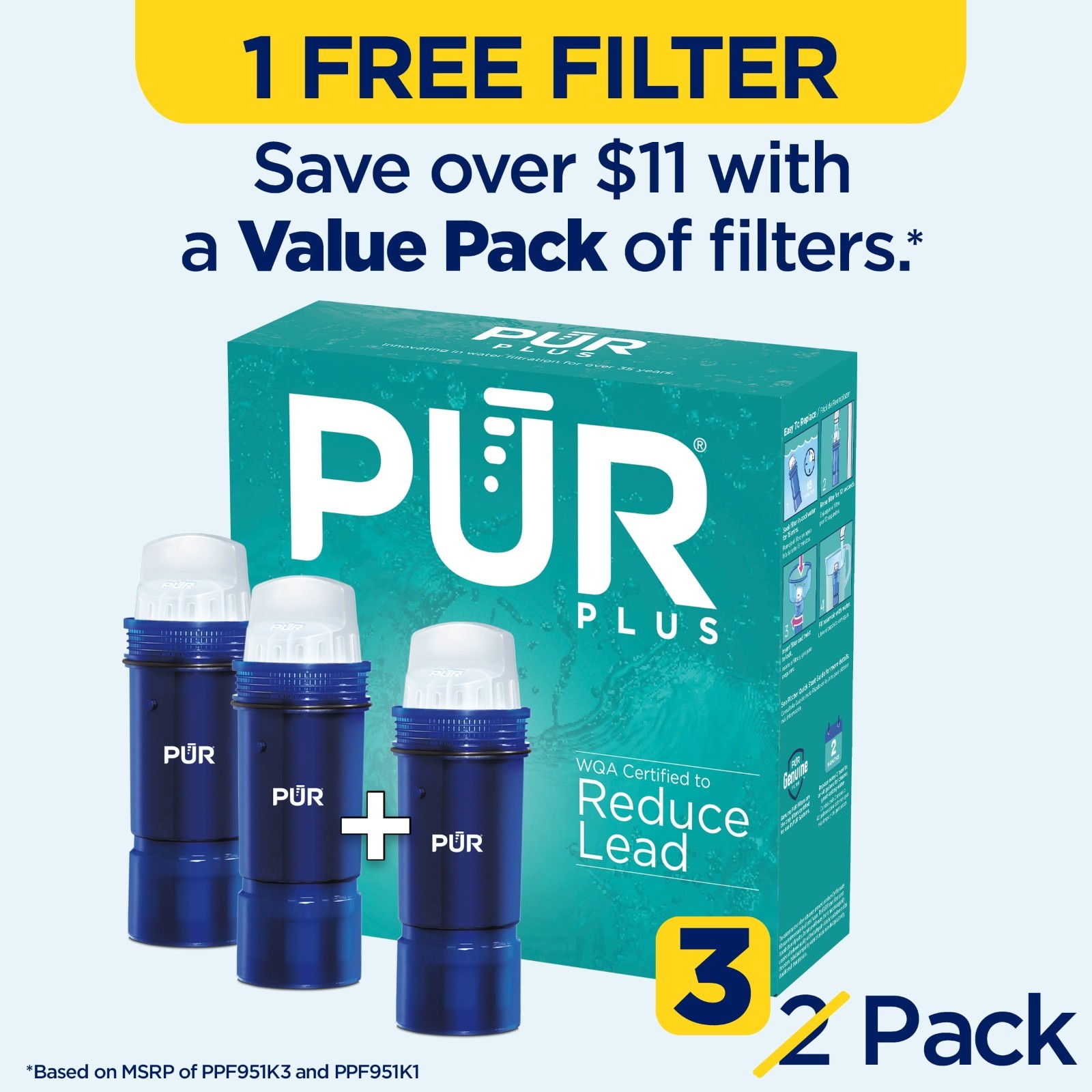 PUR PLUS 3 Count Water Filter Pitcher Replacement NSF Certified Lead Reduction