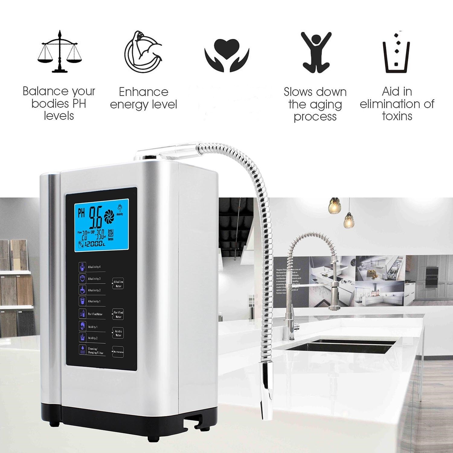 Alkaline Water Ionizer machine hydrogen water Purifier pH3.5-10.5 Water filter