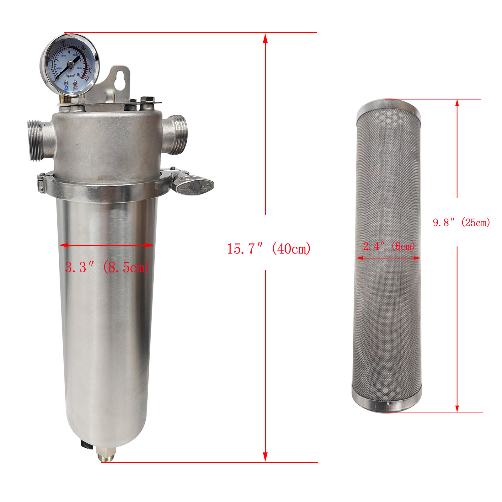 Water Filter 10″L Corrosion-resistant 304 Stainless Steel Filter 1″NPT In/Outlet