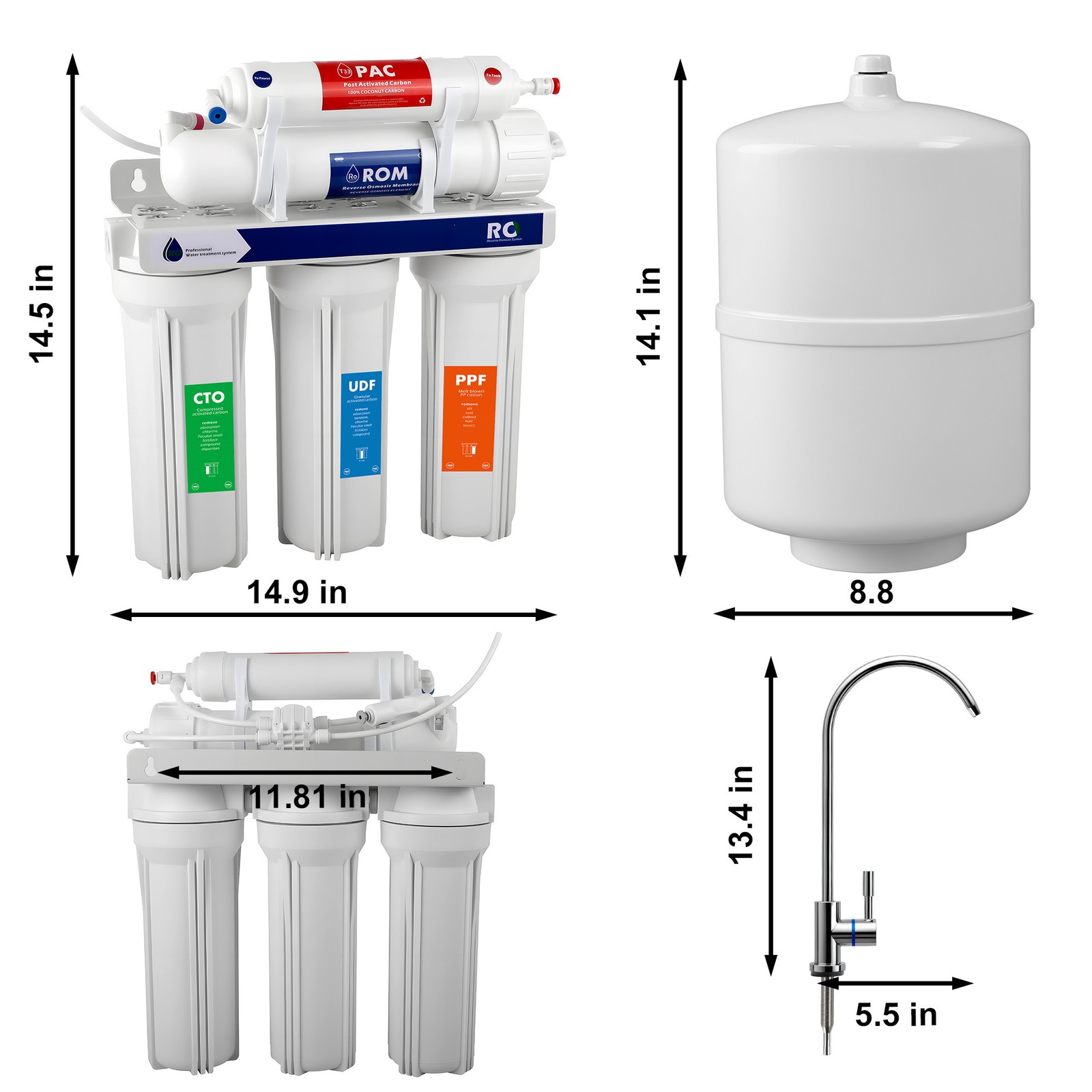 5 Stage Reverse Osmosis Water Filtration System Purifier 0.0001μm 75 GPD Filters