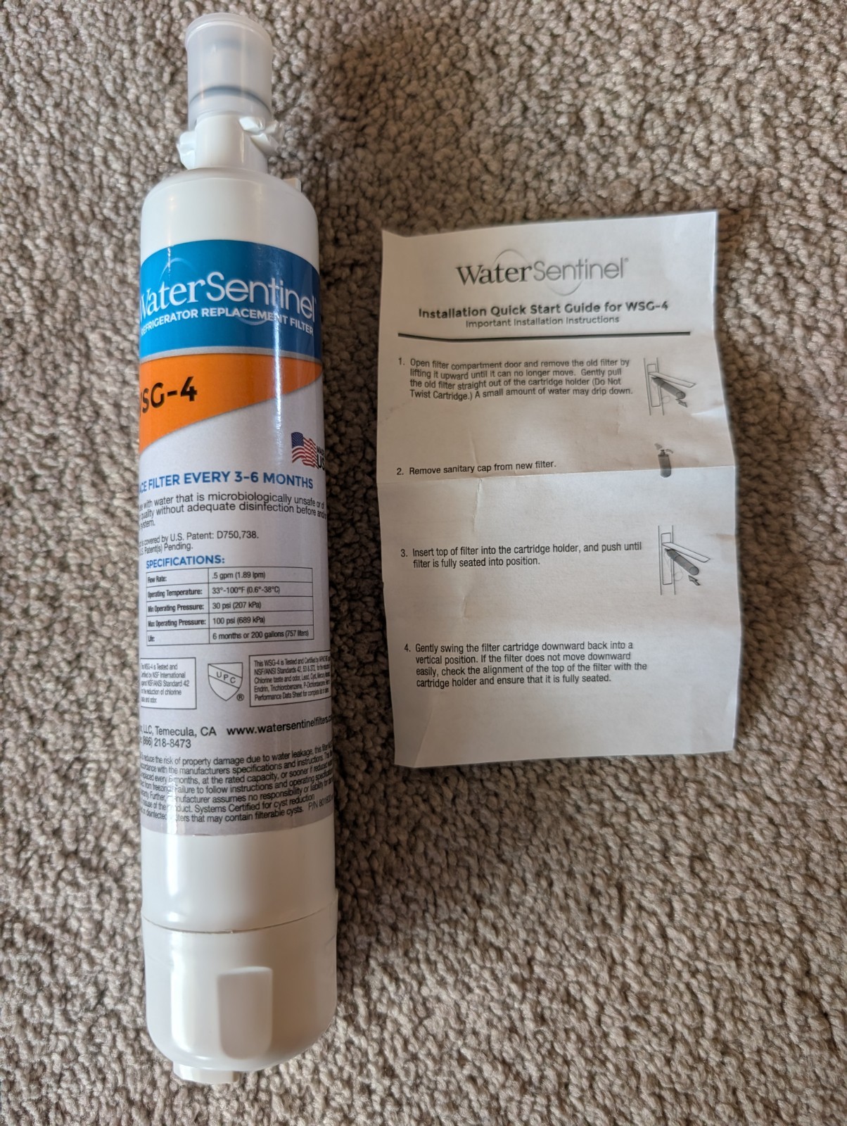 Water Sentinel 1 Replacement Refrigerator Filter WSG-4 New Open See Description
