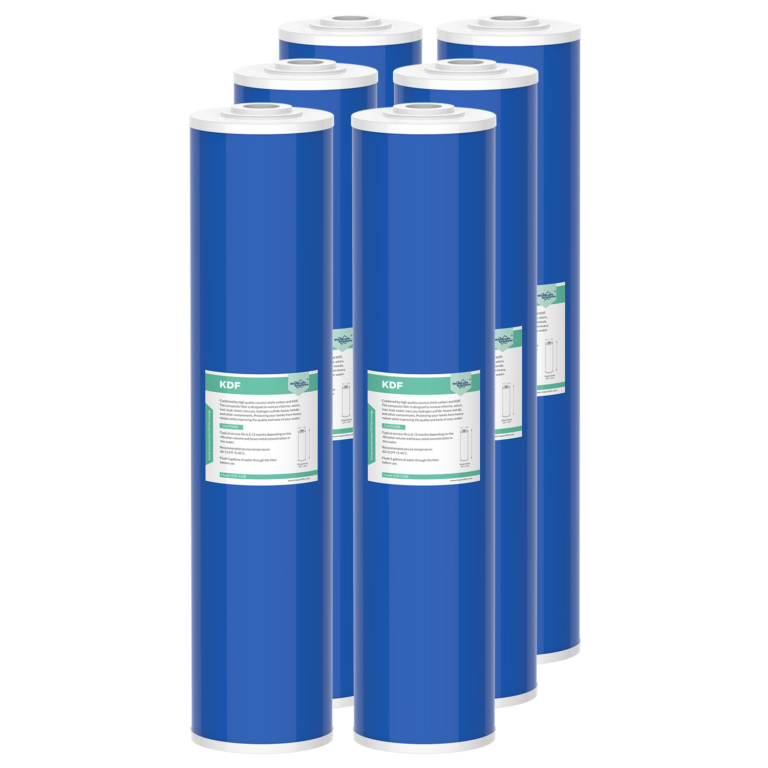 6 Pack 20″x4.5″ KDF Carbon Big Blue Whole House Water Filter Heavy Metal Removal