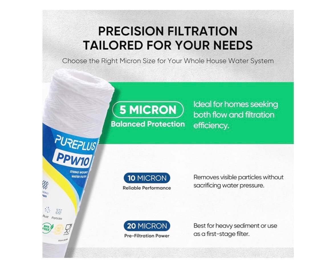4 PACK PUREPLUS 5 Micron 10″x2.5″ Whole House String Wound Sediment Filter PPW10
