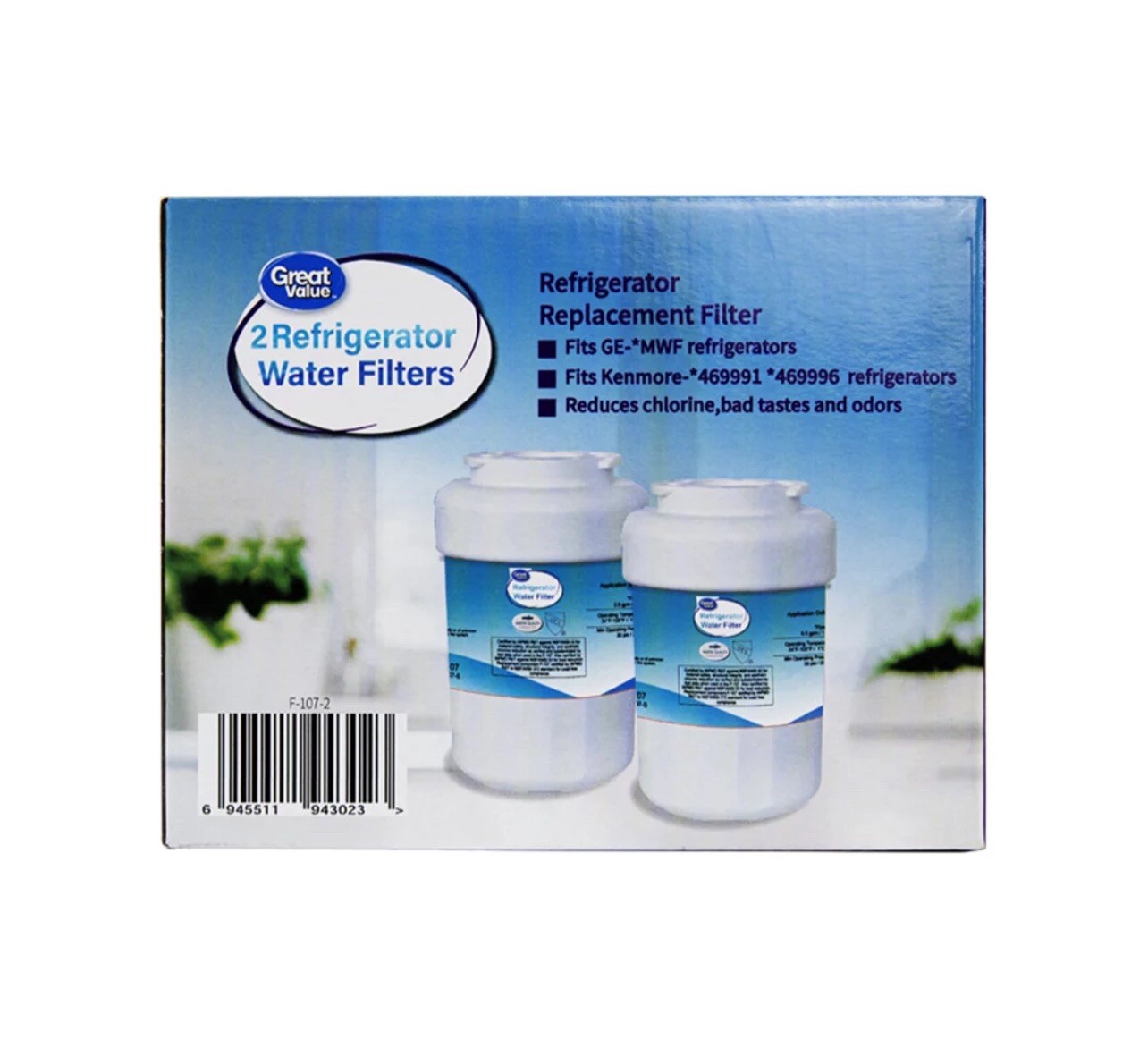 Great Value F-107-2 Refrigerator Water Filters Two Pack GE, 3.54” Height, 300gal