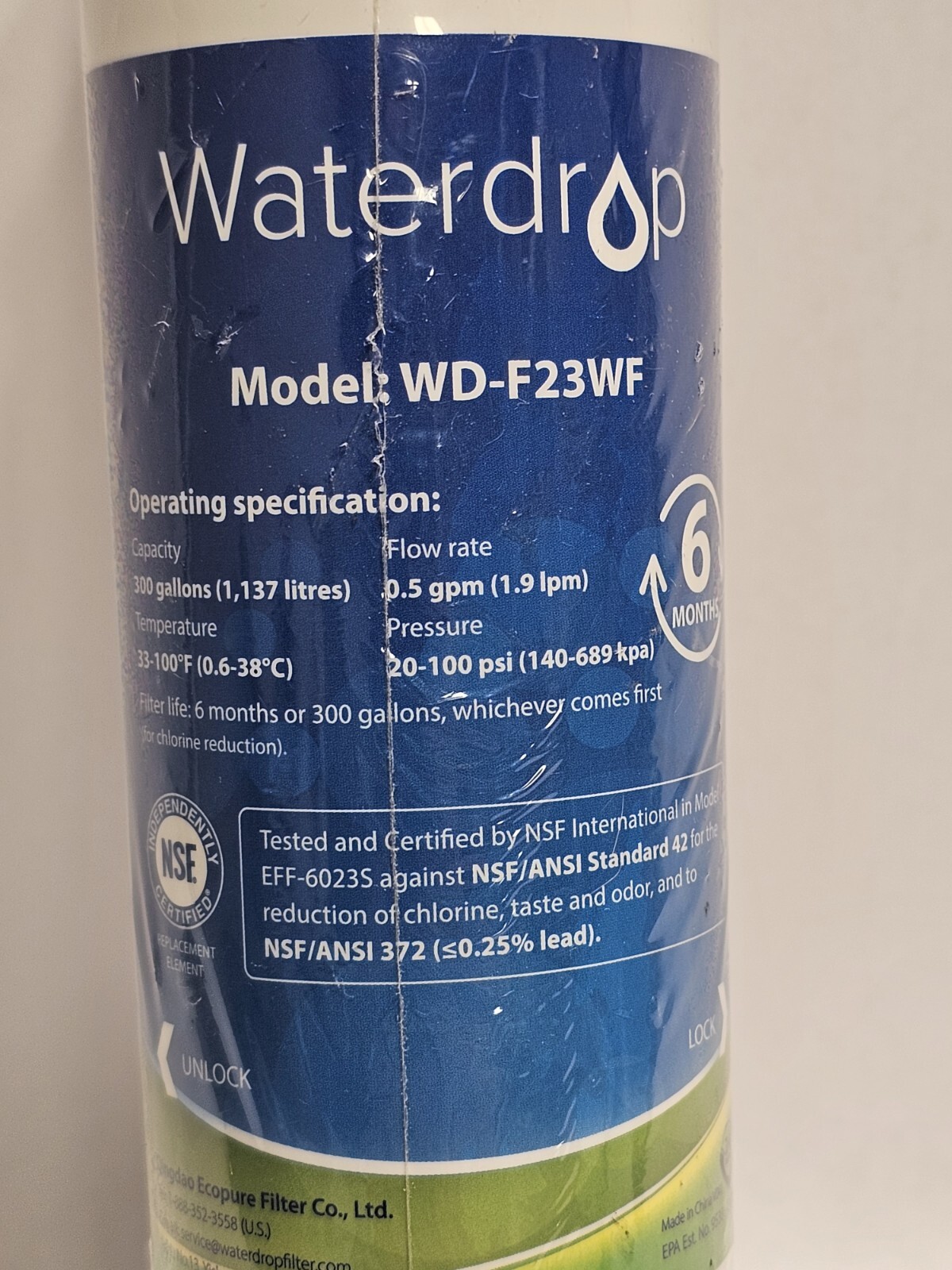 WATERDROP WD-F23WF WATER FILTER 300 GALLONS FLOW Rate .5GMP 20-100 PSI