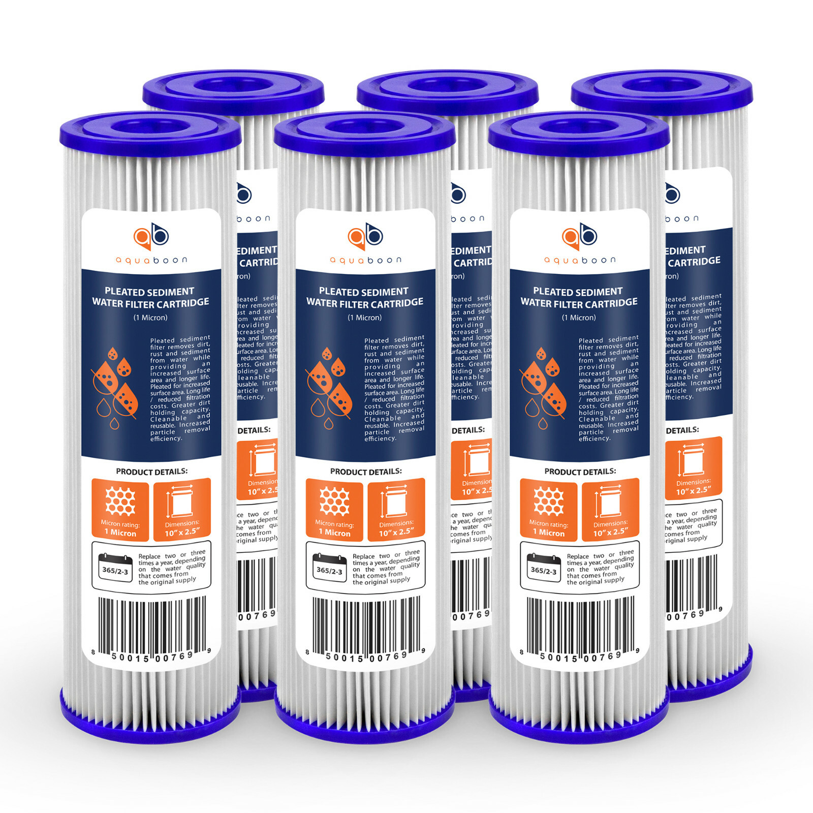 6 Pack of 1µm Pleated Sediment Water Filter Cartridges 10″x2.5″ Standard Size