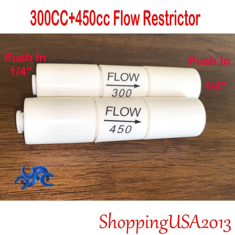 2 Pcs 300+450cc 1/4 Flow Restrictor Push In Quick Connect Under Sink RO