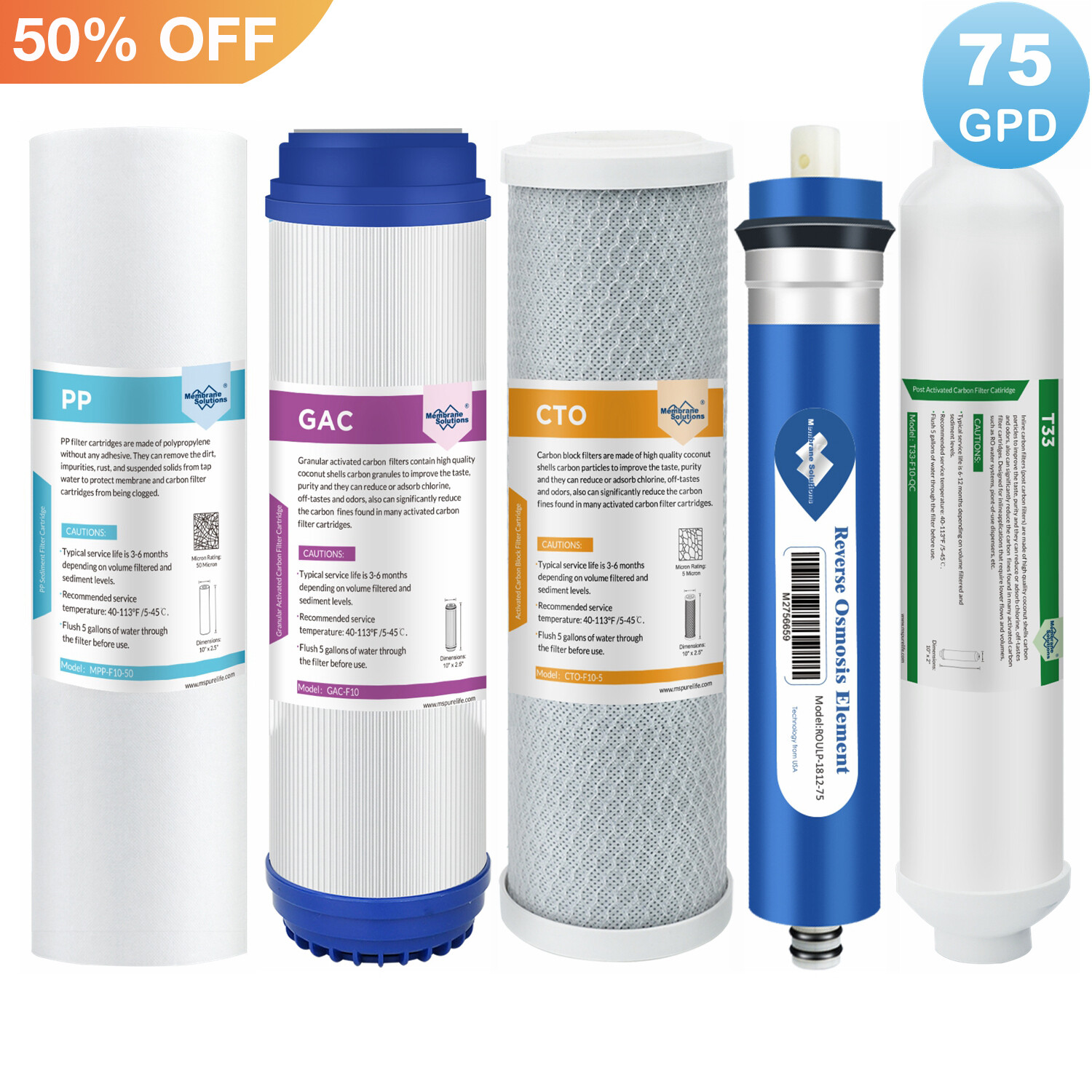 5 Stage Reverse Osmosis System Water Filter with 75GPD RO Membrane 5-10 Pack Set